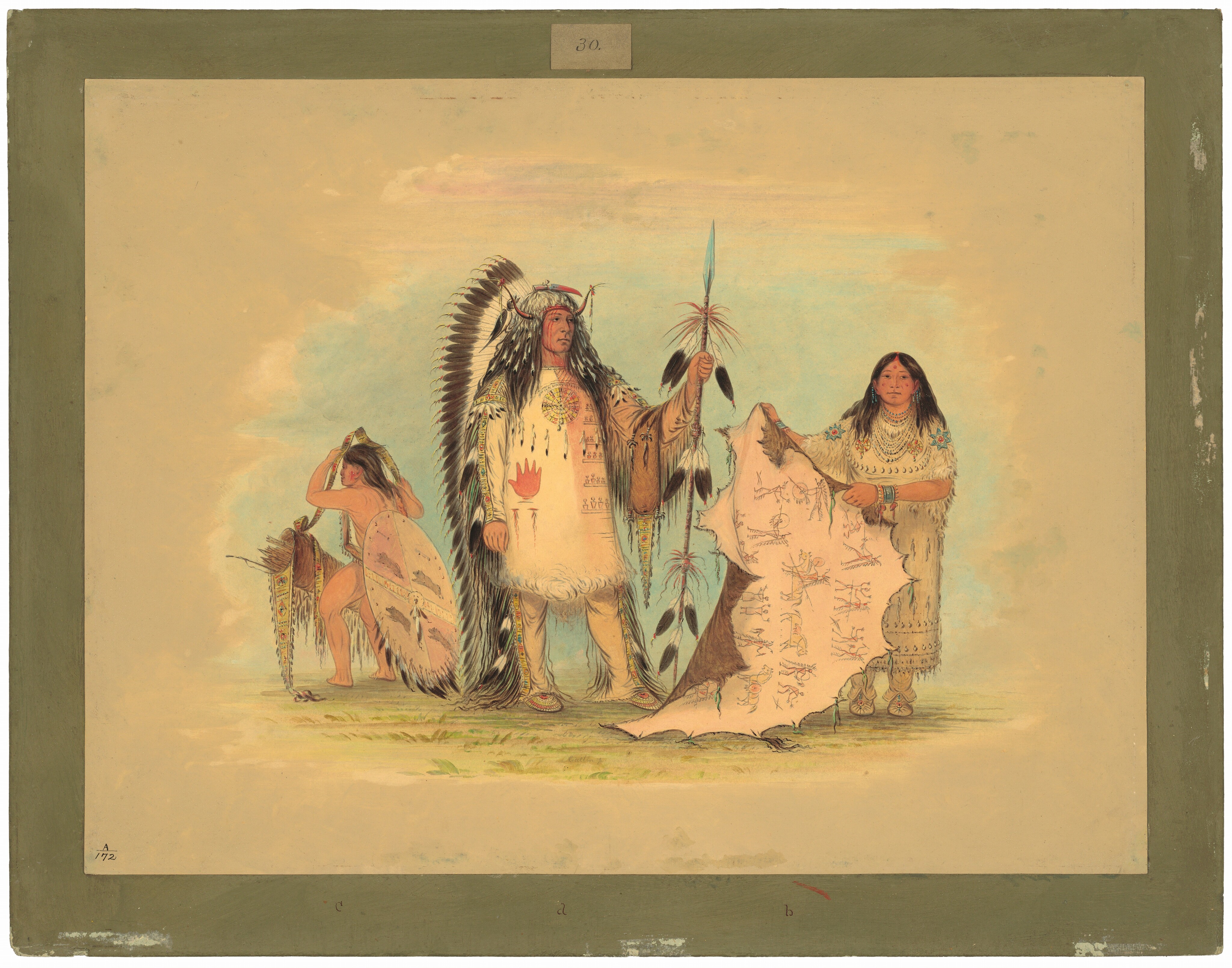 The image features three individuals in traditional attire. In the center, a man wears a ceremonial headdress and a decorated tunic while holding a tall spear. To his right, a woman holds a large piece of hide, and to the left, a younger individual is crouching, adjusting his gear. The background has subtle blues and earth tones.