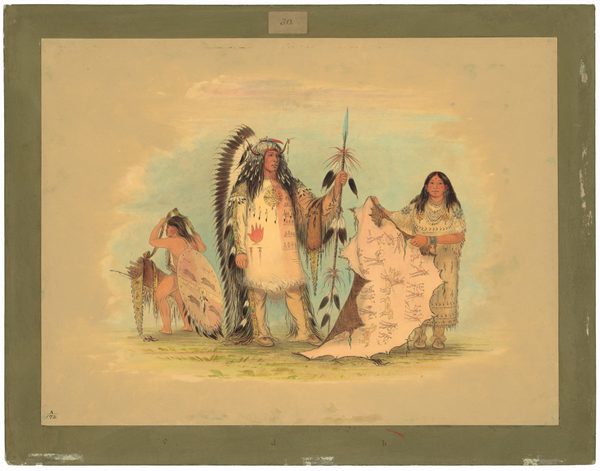 The image features three individuals in traditional attire. In the center, a man wears a ceremonial headdress and a decorated tunic while holding a tall spear. To his right, a woman holds a large piece of hide, and to the left, a younger individual is crouching, adjusting his gear. The background has subtle blues and earth tones.