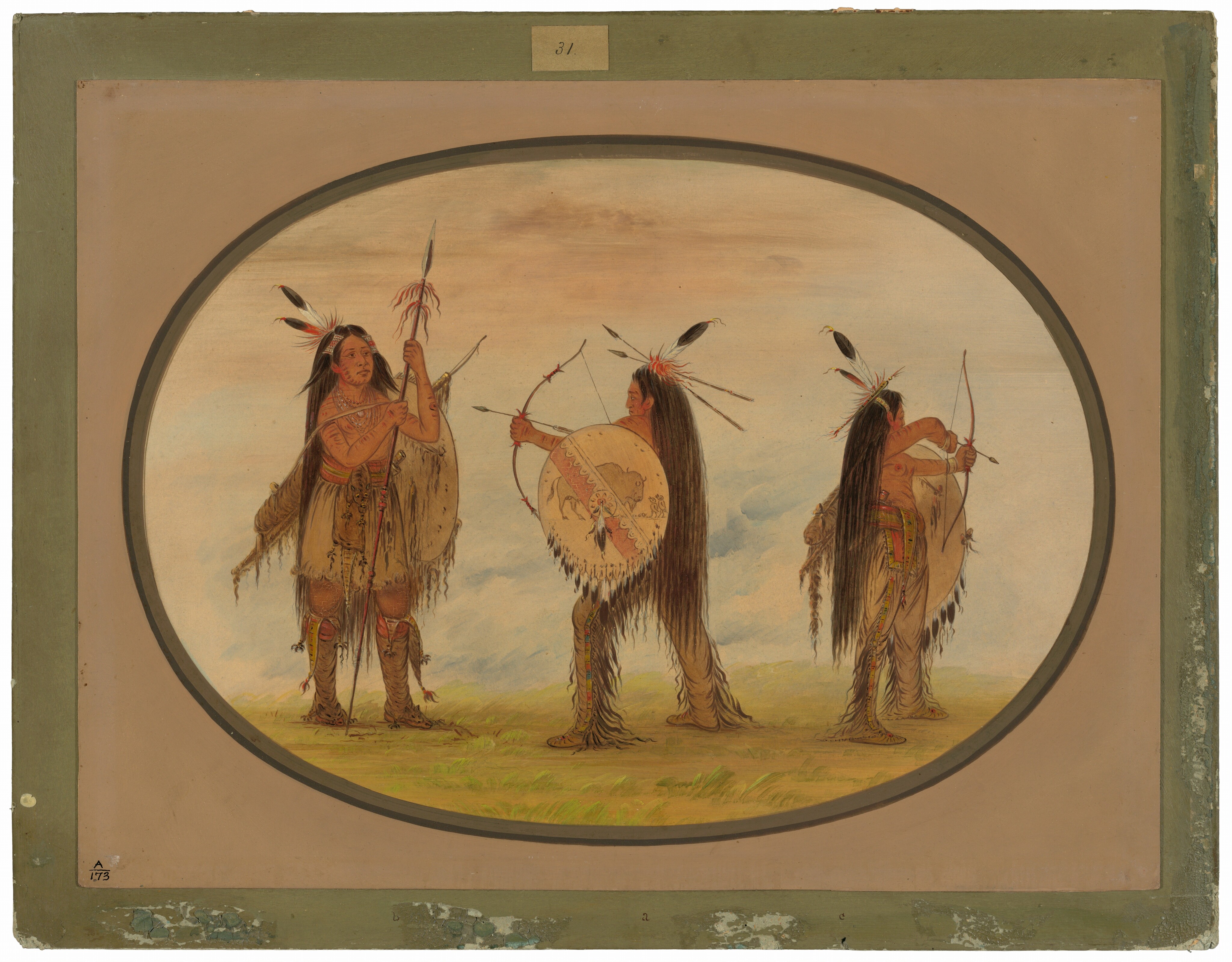 The image depicts three individuals standing outdoors on a grassy area. The person on the left holds a spear and a shield. The middle person holds a shield in the left hand and a bow in the right, with an arrow ready to be fired. The person on the right is aiming a bow and arrow. All three individuals have long dark hair, feathers, prominent cheekbones, and eyes. The person on the left has painted markings on their face. They wear traditional attire with fringed garments, leggings, and moccasins, and hold circular shields with patterns and tassels. The background shows an overcast sky with hints of clouds. The scene is framed by a border with a green outer edge.