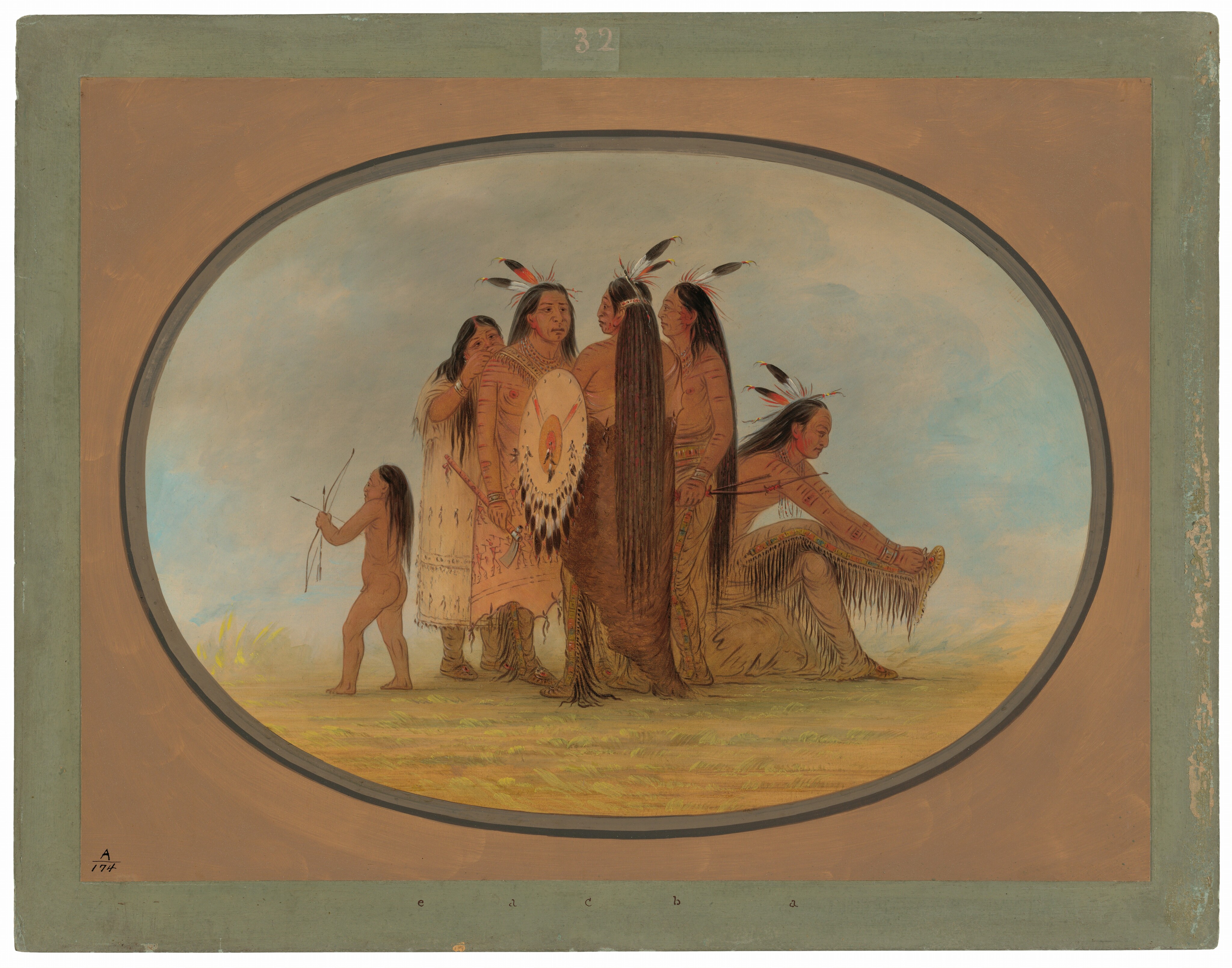The image depicts five individuals positioned together in an outdoor setting. Three adults are standing, with the fourth adult seated on the ground. The child is to the left, facing the group with a bow and arrows in hand. The individuals all have long hair, and the adults' hair is adorned with feathers. The adults wear traditional clothing; one of the standing adults is dressed in a decorative tunic with fringe and holds a shield with painted designs, while another is draped in a fur cape. The seated person is dressed in fringed pants and also has body paint on their arms. The setting shows a grassy landscape with a blue sky.