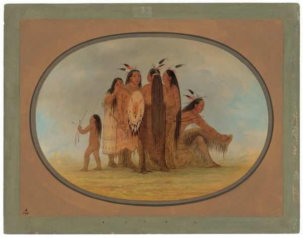 The image depicts five individuals positioned together in an outdoor setting. Three adults are standing, with the fourth adult seated on the ground. The child is to the left, facing the group with a bow and arrows in hand. The individuals all have long hair, and the adults' hair is adorned with feathers. The adults wear traditional clothing; one of the standing adults is dressed in a decorative tunic with fringe and holds a shield with painted designs, while another is draped in a fur cape. The seated person is dressed in fringed pants and also has body paint on their arms. The setting shows a grassy landscape with a blue sky.