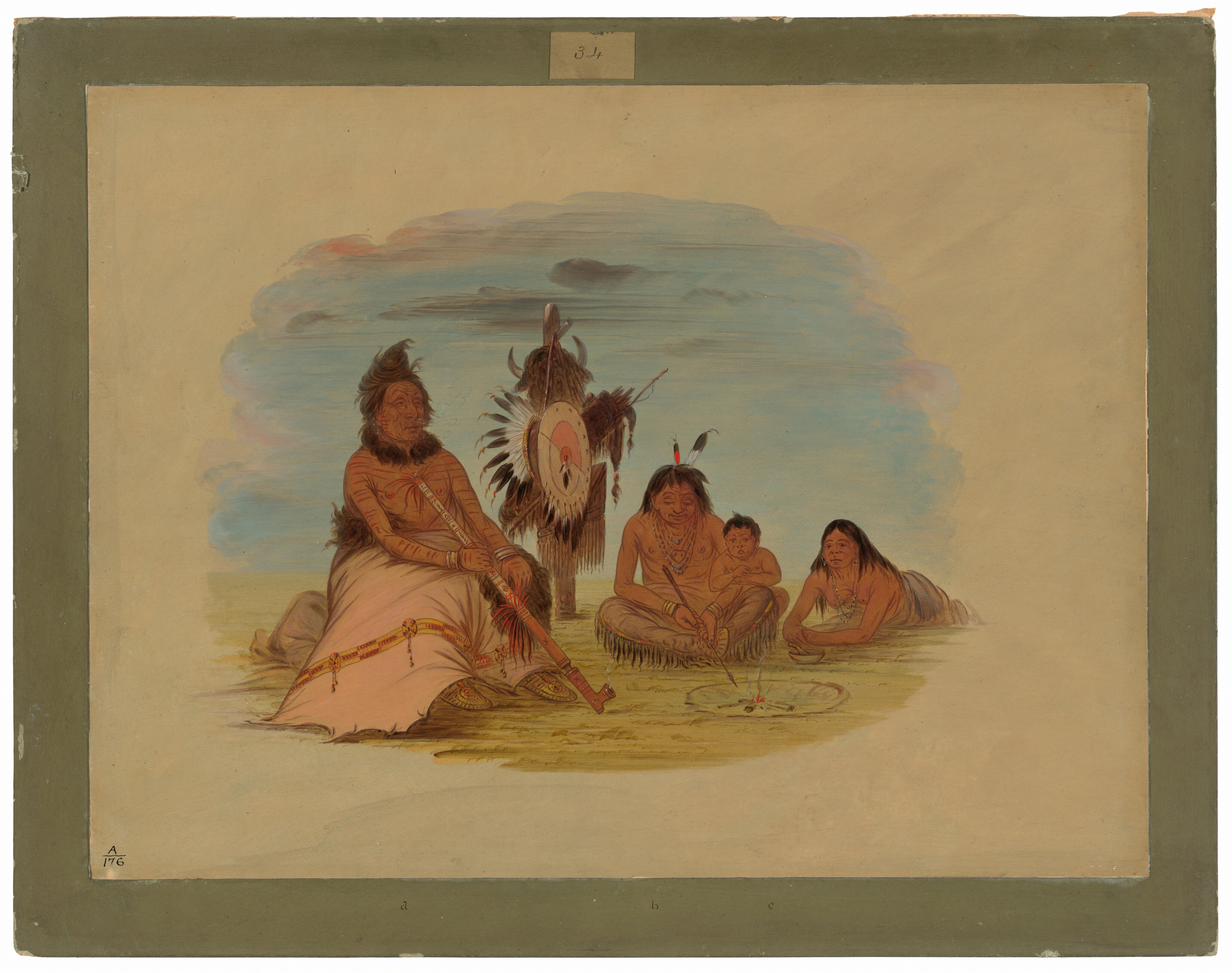 The image shows four individuals seated or reclining on the ground. On the left, an older man is seated, leaning back slightly, with patterned facial markings and long dark hair adorned with feathers. He wears a fur-trimmed shawl over his shoulders, elaborate leg coverings decorated with quillwork, and holds a long pipe with feathers attached. In the center, a younger man sits with a child on his lap; his hair is also long and decorated with feathers, and he has necklaces around his neck. To the right, a woman reclines, propped on one arm, with long hair and wearing a simple garment with necklaces. The background consists of a painted cloudy sky in pastel hues, suggesting an outdoor setting with sandy terrain, while a shield and spear decorated with feathers and fur stand in the ground behind them.