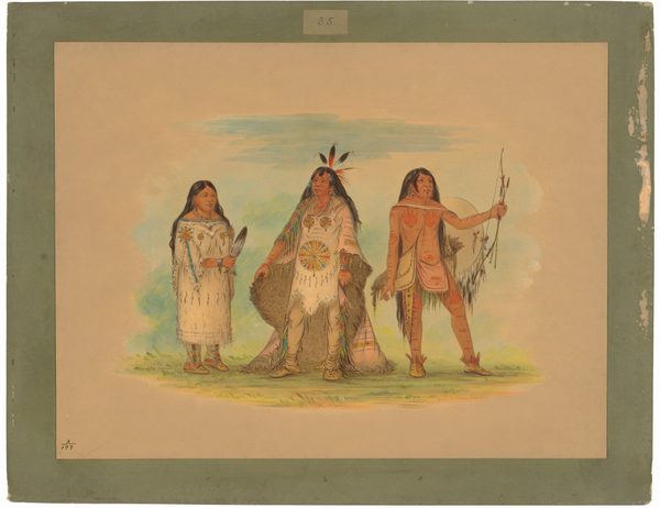 The image shows three full-body figures standing together. On the left is a female figure holding a feather, in a decorated dress. In the center is a male figure with long, ornamented hair and a beaded robe, holding a fur piece and shield. On the right is a male warrior in a dynamic stance, holding a bow. The background displays a soft, pastel sky with hints of blue and yellow.