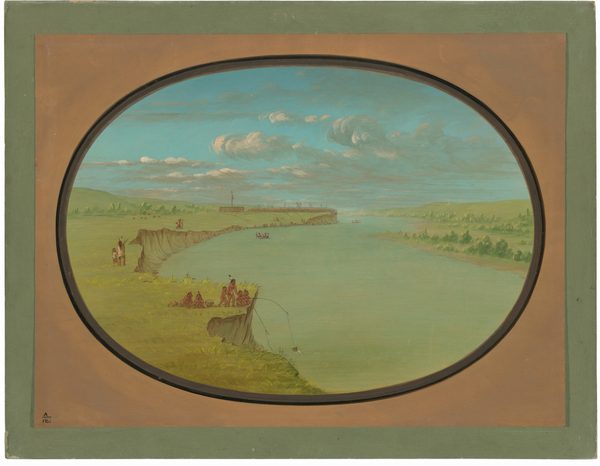 The image shows a landscape with a wide river, viewed from a slightly elevated position on a riverbank. The horizon is positioned about one-third from the top, where the river meets the land in the distance. On the horizon, a faint outline of a bridge or structure is visible across the river. Closer to us, several people are engaging in activities like fishing and sitting among grassy patches on the riverbank, which has a sharp, eroded edge. The painting style uses smooth brushstrokes to capture the scene with detailed clouds and the flowing river. The color palette consists mainly of muted greens and earth tones for the landscape, and delicate blues with white and gray clouds in the sky, creating a calm and serene atmosphere.