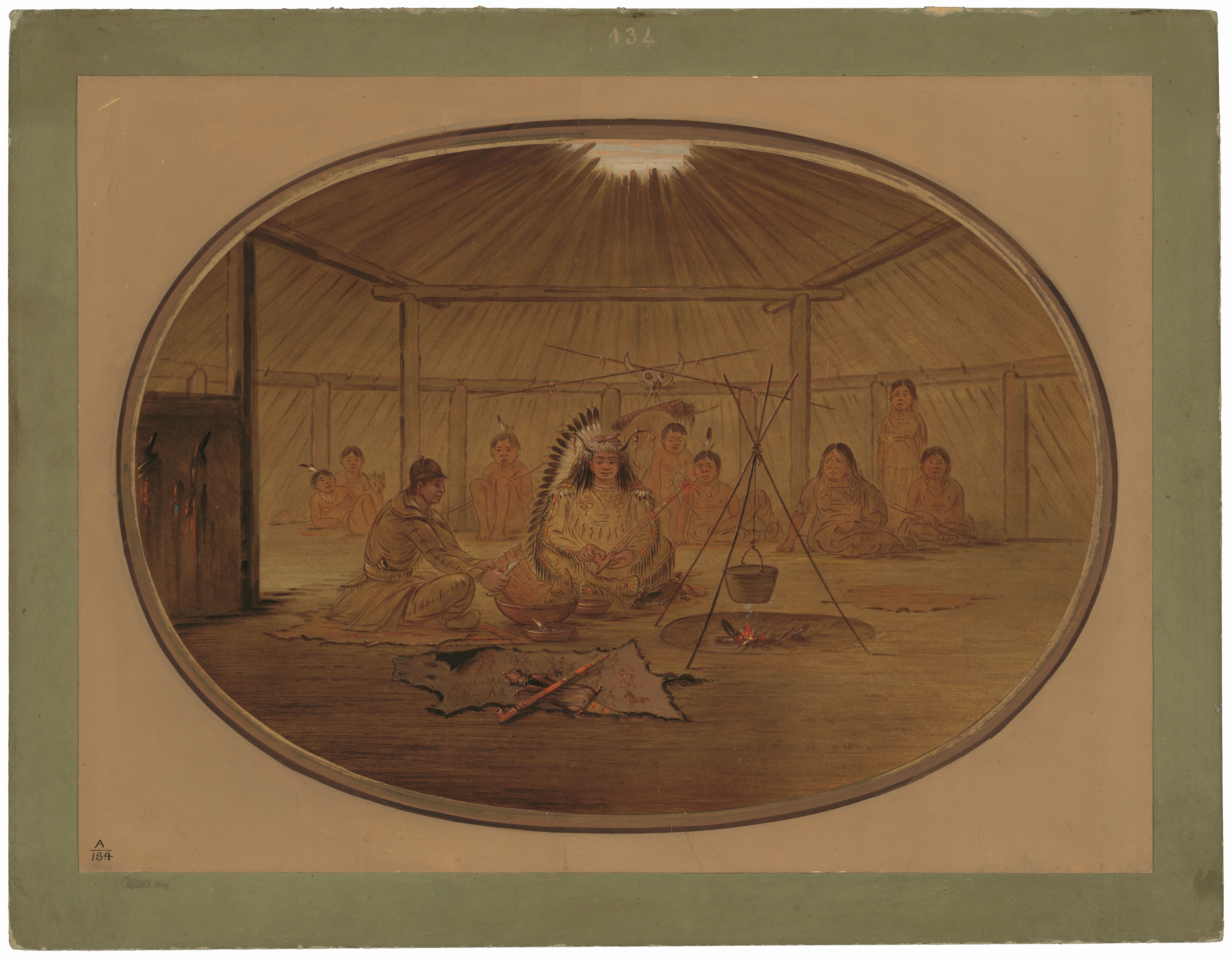 The image shows a group of six people seated inside a conical tent. One person, wearing a feathered headdress and traditional attire, sits at the center. Other individuals are seated around them, dressed modestly. There is a fire with a cooking pot, wooden posts supporting the tent, animal skins on the ground, and more people seated against the tent wall. Light filters in from an opening in the roof.