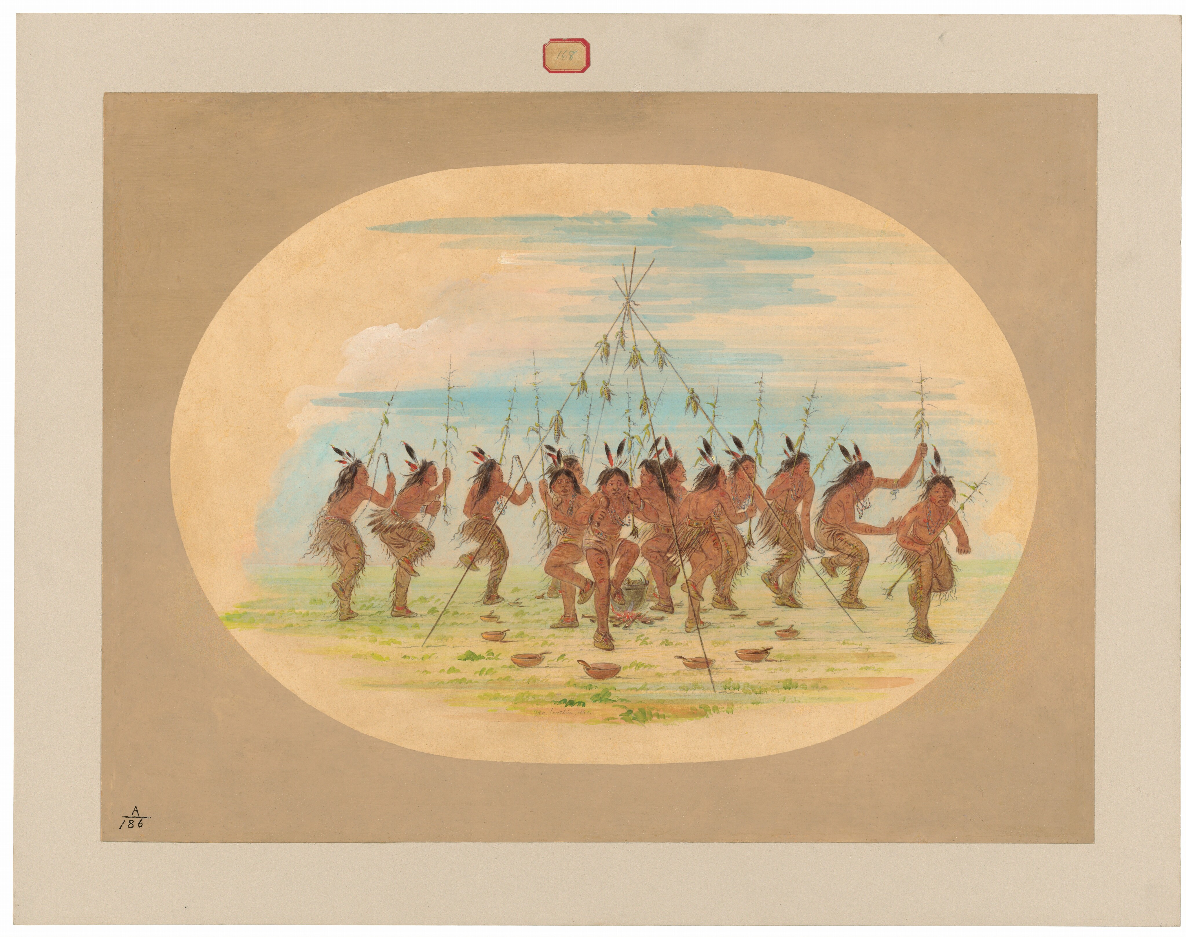 This is a painting of a group of individuals engaged in a ceremonial dance. The artwork depicts several figures in traditional attire, arranged in a circle, performing a rhythmic dance. They are standing around a central structure formed by long, thin poles. The figures are depicted with detailed attire, adorned with feathered headdresses, and their bodies are elaborately painted with patterns. The sky is softly rendered with shades of blue. This is in the style of George Catlin.