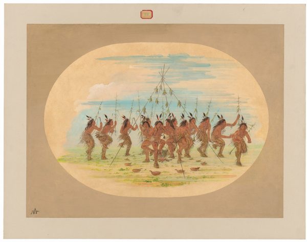 This is a painting of a group of individuals engaged in a ceremonial dance. The artwork depicts several figures in traditional attire, arranged in a circle, performing a rhythmic dance. They are standing around a central structure formed by long, thin poles. The figures are depicted with detailed attire, adorned with feathered headdresses, and their bodies are elaborately painted with patterns. The sky is softly rendered with shades of blue. This is in the style of George Catlin.