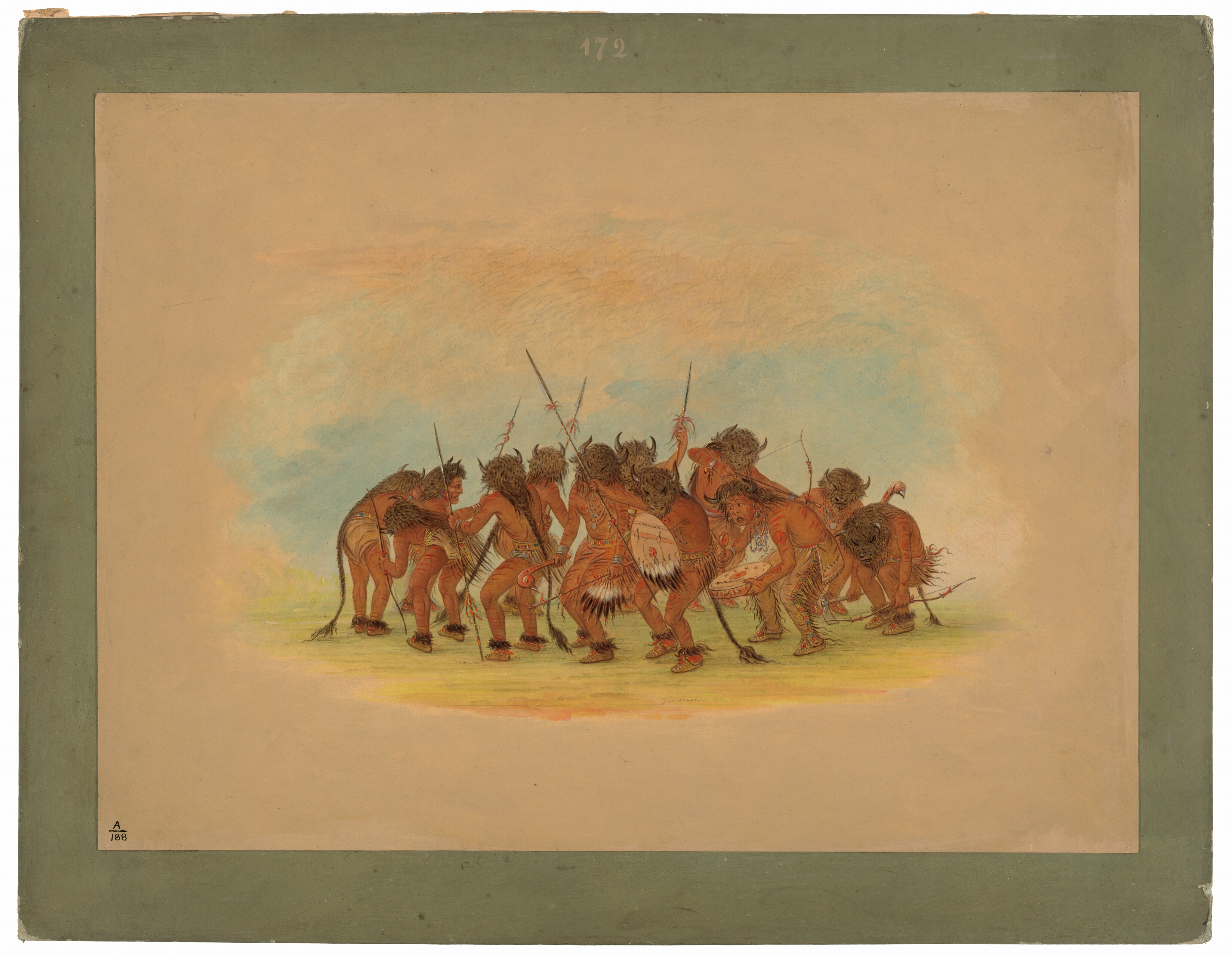 This is a painting of a group of figures engaged in a circle dance. The figures are adorned with intricate attire and positioned in a circular formation. They each hold long spears. The background contains swirling hues of blue, orange, and yellow. This is in the style of George Catlin.