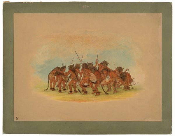 This is a painting of a group of figures engaged in a circle dance. The figures are adorned with intricate attire and positioned in a circular formation. They each hold long spears. The background contains swirling hues of blue, orange, and yellow. This is in the style of George Catlin.
