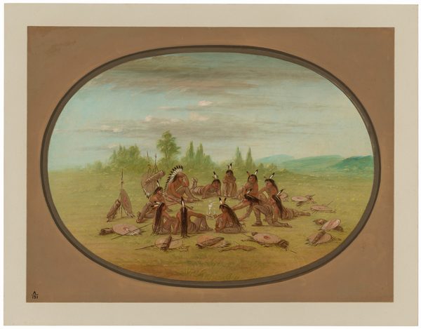 The painting depicts a scene of a group of Native American men sitting in a circle. They are gathered around a central point, likely a small fire. The background shows rolling hills and trees under a sky with clouds. The brushstrokes are smooth and the color palette includes earthy tones with touches of blue. Various objects such as shields and spears are placed around the group.