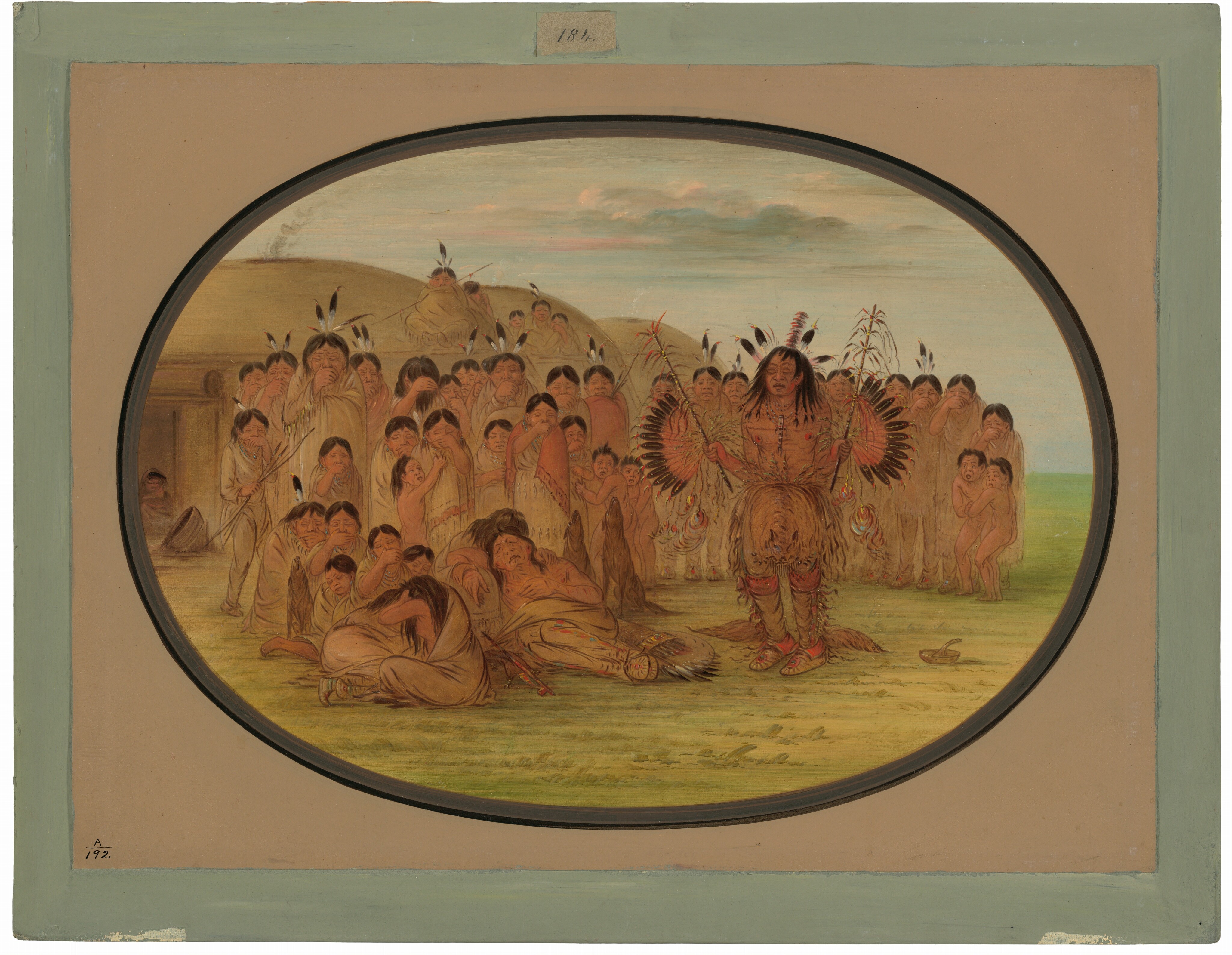 This is a painting of Native Americans participating in a ceremonial gathering. The painting depicts a group of people gathered outdoors on a grassy field, encircled by hills under a sky with scattered clouds. At the forefront stands a figure adorned in traditional attire, including a feathered headdress and garments with detailed patterning. The figure appears to be holding ceremonial objects and addressing or leading the assembly. Around this central figure, the people are positioned in various postures, seemingly listening or observing attentively. The scene is framed within an oval border, highlighting the central action while subtly incorporating a background structure that resembles an earthen or wooden lodge. The atmosphere is serene, with muted colors suggesting a peaceful observance. This is in the style of George Catlin, known for his portraits of Native American life.