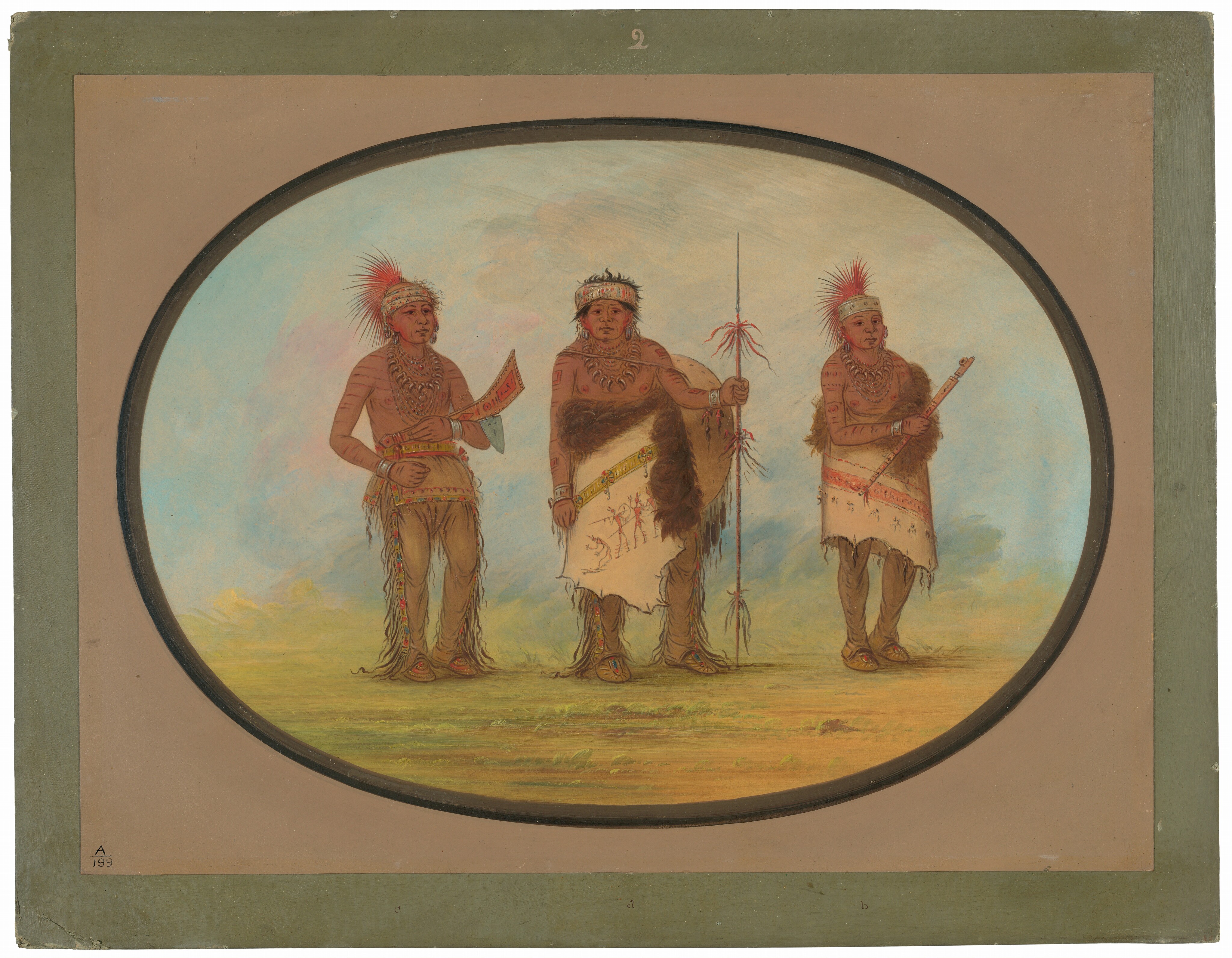 Three individuals are depicted in a side by side full-body view. The person on the left holds a curved object in their right hand. They have short, black hair with a red feather and wear fringed pants and a garment covering their upper body. The person in the middle holds a long spear in their left hand and wears a headband with red and white feathers. They have long black hair and wear a fur wrap over one shoulder. The person on the right holds a long staff in their left hand and also wears a feathered headband. They have black hair tied with feathers and wear fringed leggings. The background of the image shows abstract blue and pink hues, with a suggestion of grass. The portrait is enclosed in an oval frame against a plain beige background.