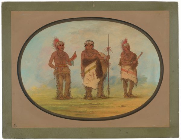 Three individuals are depicted in a side by side full-body view. The person on the left holds a curved object in their right hand. They have short, black hair with a red feather and wear fringed pants and a garment covering their upper body. The person in the middle holds a long spear in their left hand and wears a headband with red and white feathers. They have long black hair and wear a fur wrap over one shoulder. The person on the right holds a long staff in their left hand and also wears a feathered headband. They have black hair tied with feathers and wear fringed leggings. The background of the image shows abstract blue and pink hues, with a suggestion of grass. The portrait is enclosed in an oval frame against a plain beige background.