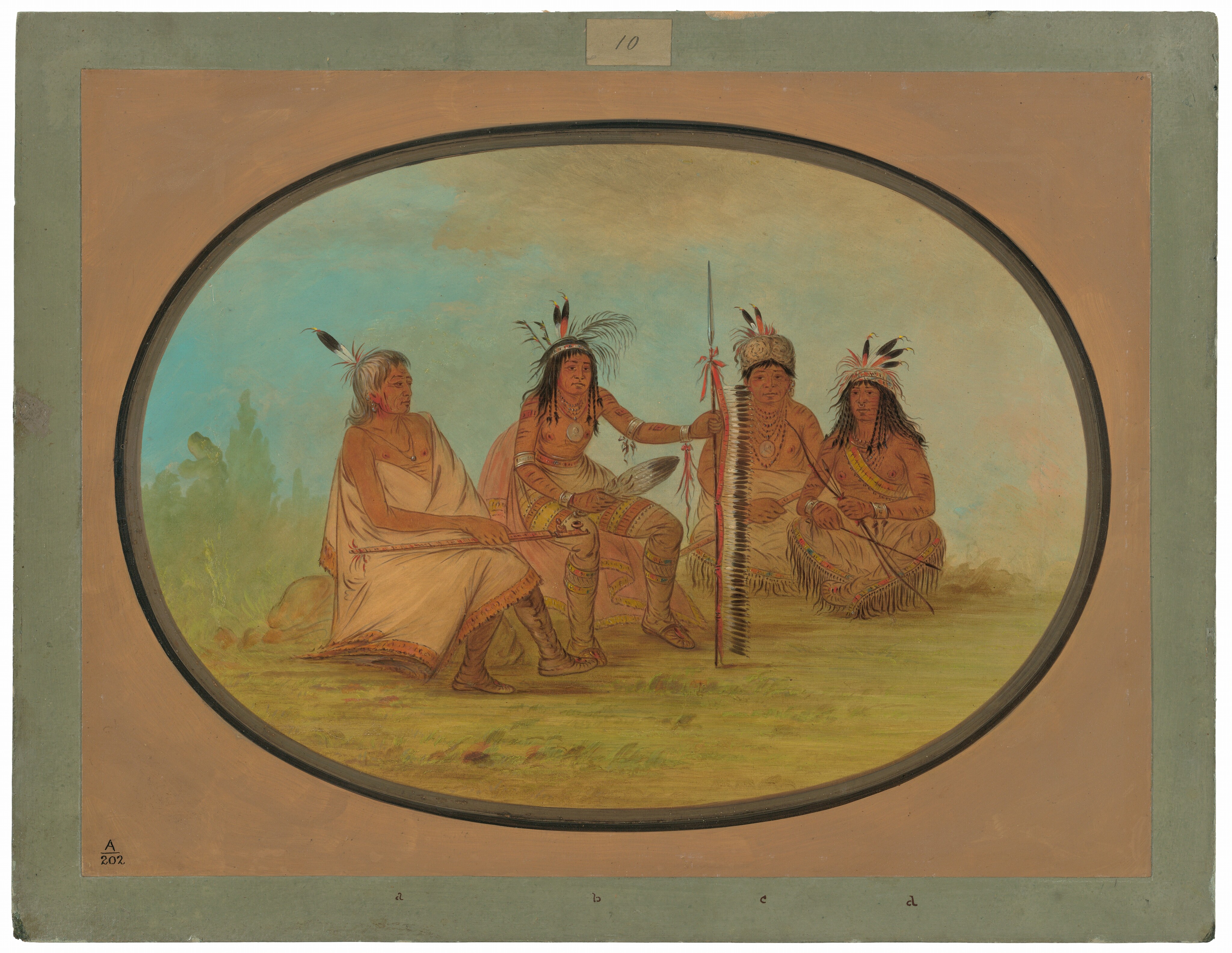 Four individuals are sitting on the ground in a semi-circle. The first individual on the left is wrapped in a light-colored cloth and holding a staff. The second person has long hair with a feather, and is wearing decorative clothing. The third person has a feathered headdress and long hair, and the fourth person has a headdress with white and red elements. They are all wearing clothing with fringes and decorative details. The background shows a natural outdoor setting with green trees in the distance.