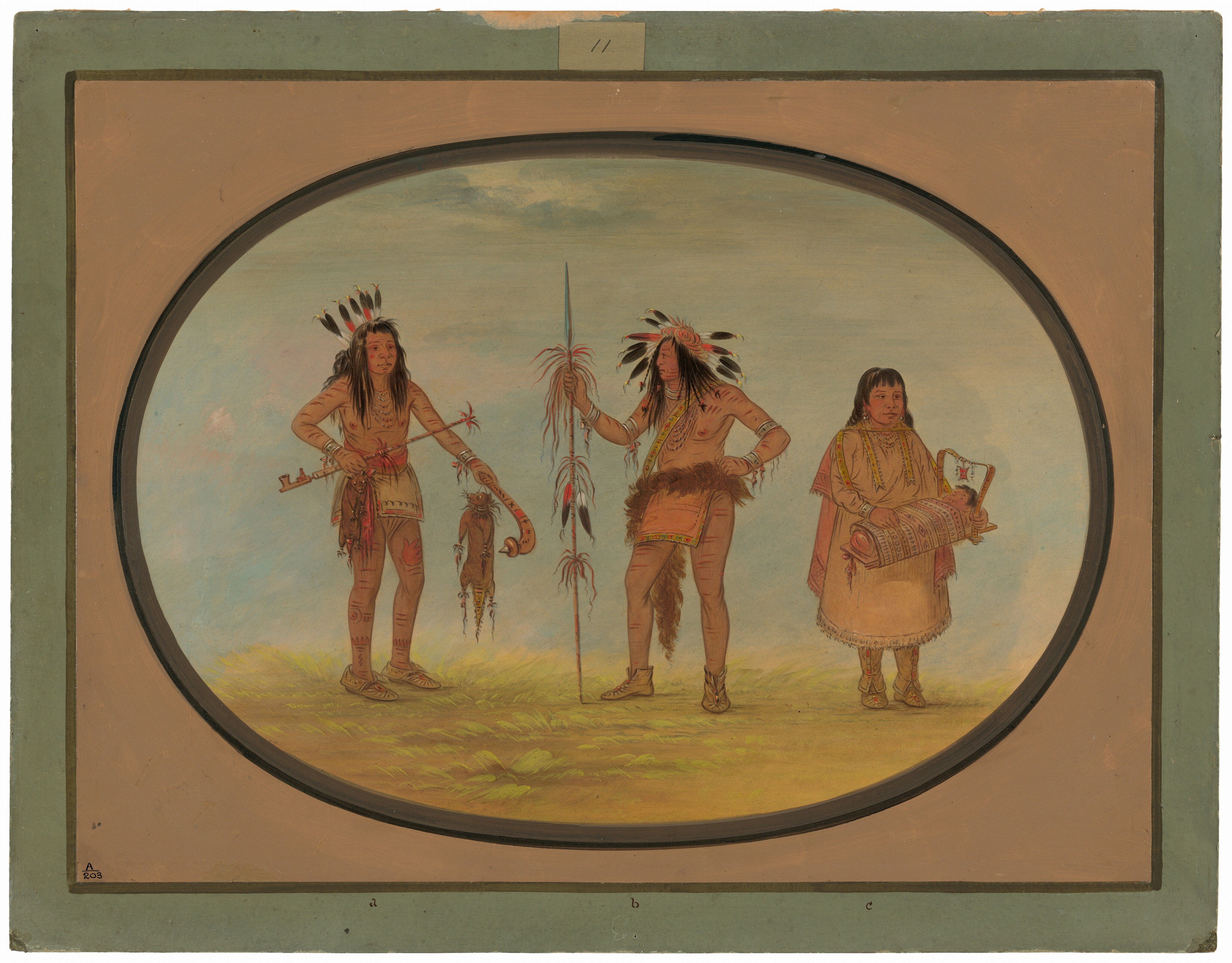 The image shows three individuals in full-length depiction against a softly colored background. On the left, a man stands with a relaxed posture, his left hand holding a long pipe and his right hand holding a small fur. His facial expression is calm, and he has long brown hair adorned with feathers. He is dressed in a skin garment, and his limbs are marked with patterns. In the center, another man stands in a similar relaxed position, holding a long spear vertically. He wears a feathered headdress, dark hair cascades down his shoulders, and sports patterned skin garments, fur, and a sash draped over his shoulder. To the right, a woman stands holding a wrapped infant in a cradleboard. She has short dark hair and gentle facial features. She wears a dress and shawl combination with a delicate design and multiple necklaces. The background is a simple gradient between earthy tones and a subtle sky.