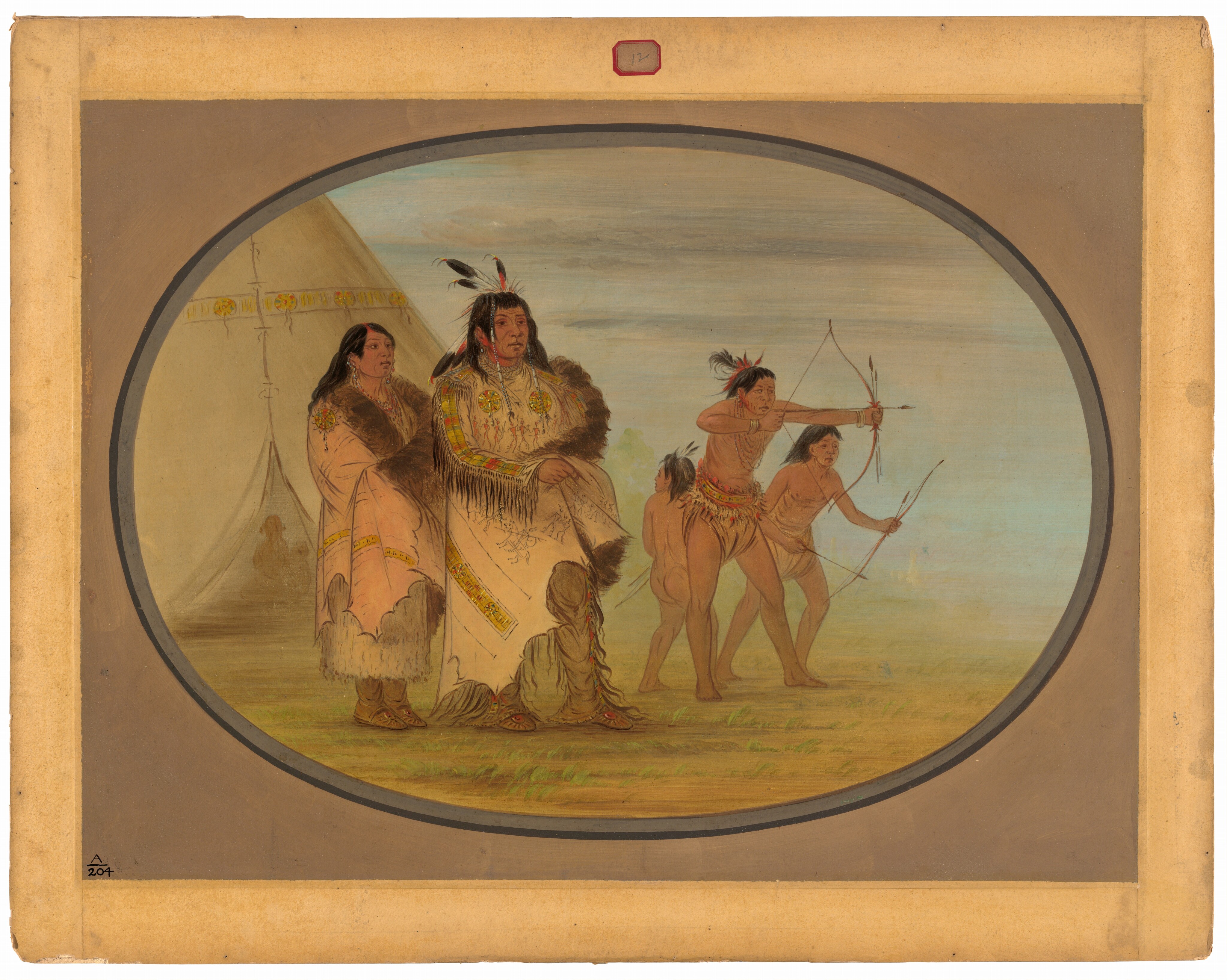 The image shows a group of individuals. On the left, two adults are standing, with one sitting in the center. They have long dark hair adorned with feathers and wear intricate clothing. To the right, three young males are in motion, with one aiming a bow and arrow, and the other two holding bows and arrows. A large tipi with decorative designs is in the background, with grassy ground below. The sky is a blend of soft blue tones.