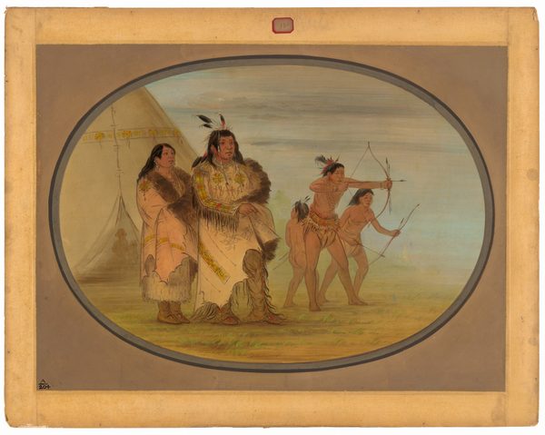 The image shows a group of individuals. On the left, two adults are standing, with one sitting in the center. They have long dark hair adorned with feathers and wear intricate clothing. To the right, three young males are in motion, with one aiming a bow and arrow, and the other two holding bows and arrows. A large tipi with decorative designs is in the background, with grassy ground below. The sky is a blend of soft blue tones.