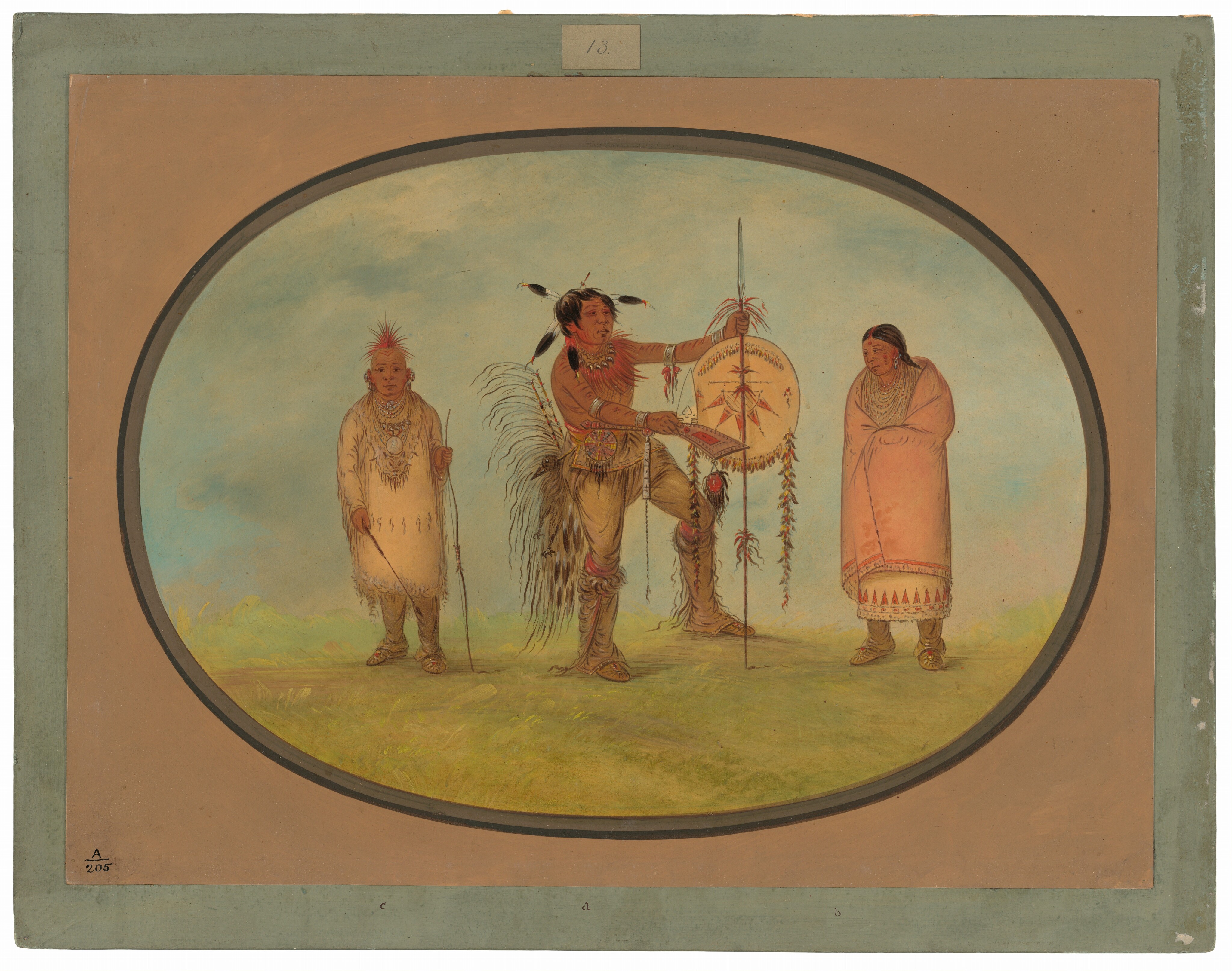 Three individuals are depicted in the image. In the center, a person holds a shield and spear, with facial paint, long dark hair, a feather, and a headpiece adorned with feathers. To the left, another person holds a stick, wears a long garment, and has short hair with a feathered headpiece. On the right, a third person stands with hands clasped in front, wearing a patterned dress, and long dark hair. The background shows a grassy surface under a blue sky, framed in an oval with a border.