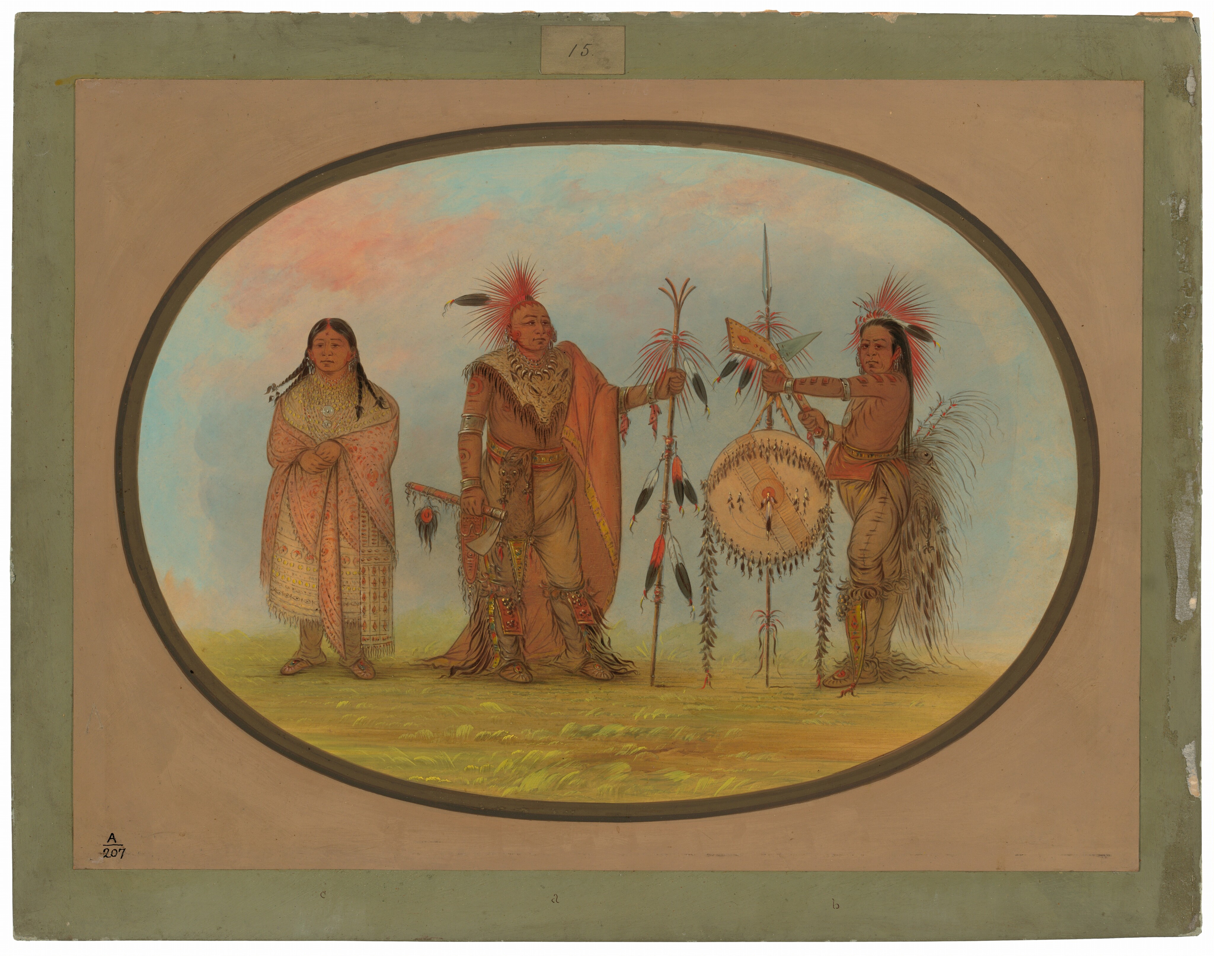 The image features three full-body figures in an oval frame. On the left, a person stands with folded arms, wearing patterned attire. In the center, an individual holds a staff and axe, wearing a feathered headdress. On the right, another person holds a decorated shield, wearing a headdress and fringed clothing. The background shows a softly colored sky and greenish hue, with the number "15" at the top.