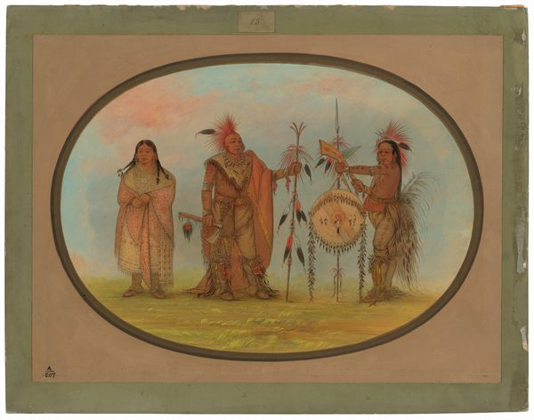 The image features three full-body figures in an oval frame. On the left, a person stands with folded arms, wearing patterned attire. In the center, an individual holds a staff and axe, wearing a feathered headdress. On the right, another person holds a decorated shield, wearing a headdress and fringed clothing. The background shows a softly colored sky and greenish hue, with the number "15" at the top.