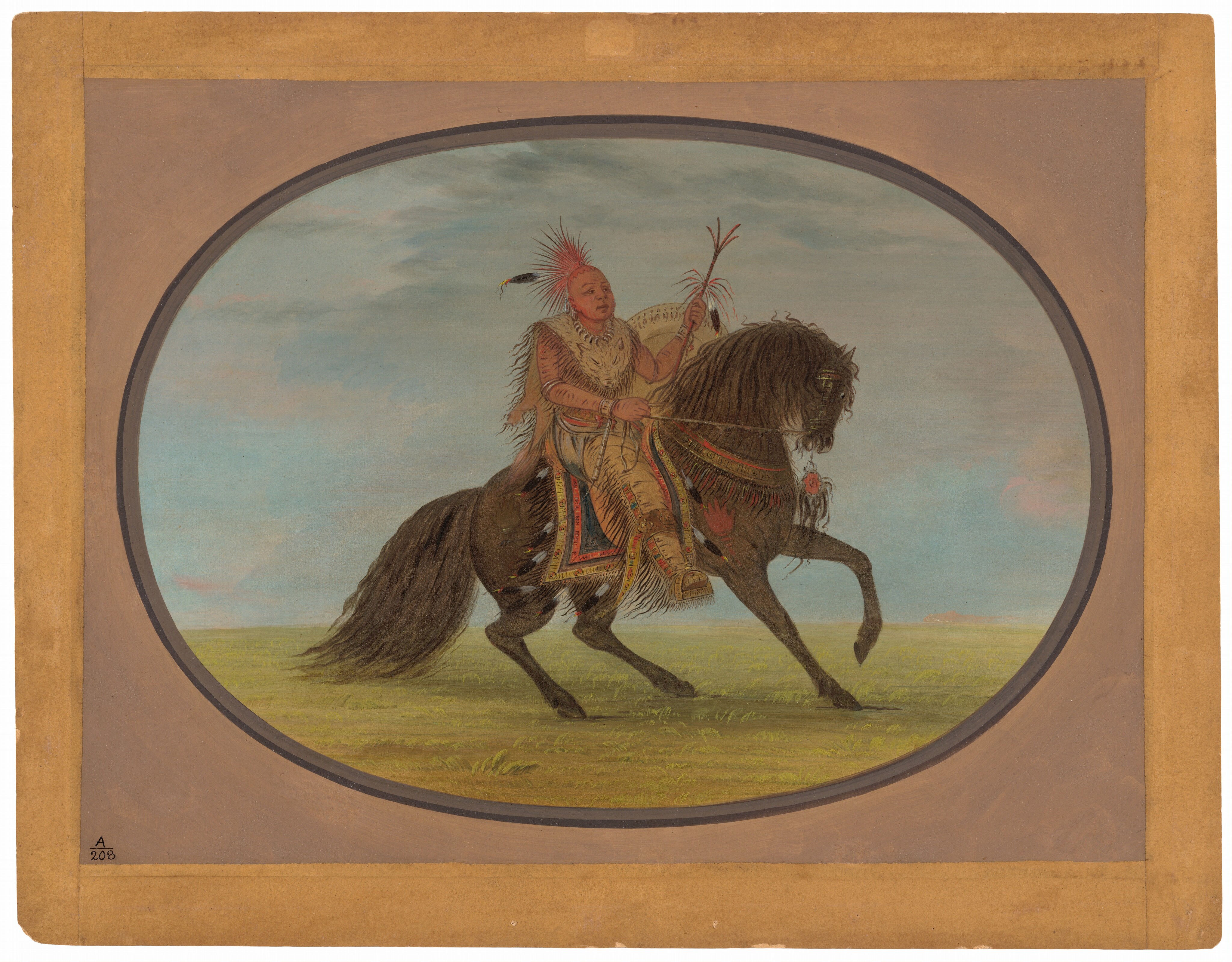 The image shows a person sitting atop a dark horse in an open field. The person is upright on the horse, which is in mid-stride on a grassy plain. The person has a prominent facial structure with high cheekbones and long dark hair adorned with a feather. The person is wearing a fringed garment made of animal hide decorated with patterns, along with leggings and moccasins. The person holds a long stick or staff, and the horse's tack is adorned with colorful designs. The background features a vast sky with subtle blue and pink hues, suggesting either dawn or dusk. There are no other objects or structures in the background, conveying an expansive natural setting. The image is framed by an oval shape and a rectangular matte.