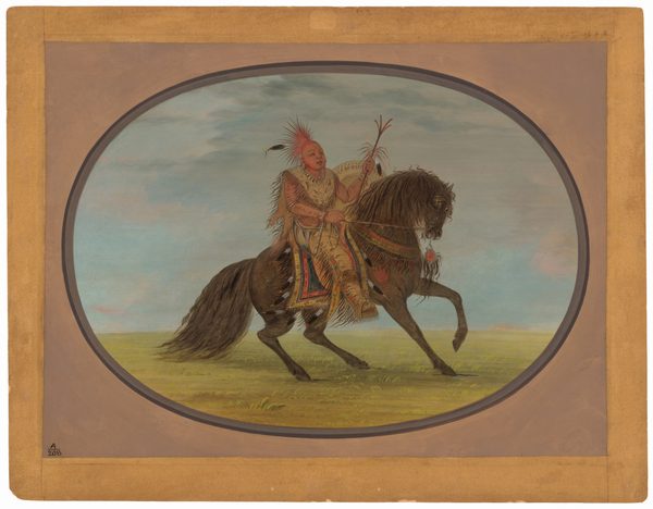 The image shows a person sitting atop a dark horse in an open field. The person is upright on the horse, which is in mid-stride on a grassy plain. The person has a prominent facial structure with high cheekbones and long dark hair adorned with a feather. The person is wearing a fringed garment made of animal hide decorated with patterns, along with leggings and moccasins. The person holds a long stick or staff, and the horse's tack is adorned with colorful designs. The background features a vast sky with subtle blue and pink hues, suggesting either dawn or dusk. There are no other objects or structures in the background, conveying an expansive natural setting. The image is framed by an oval shape and a rectangular matte.