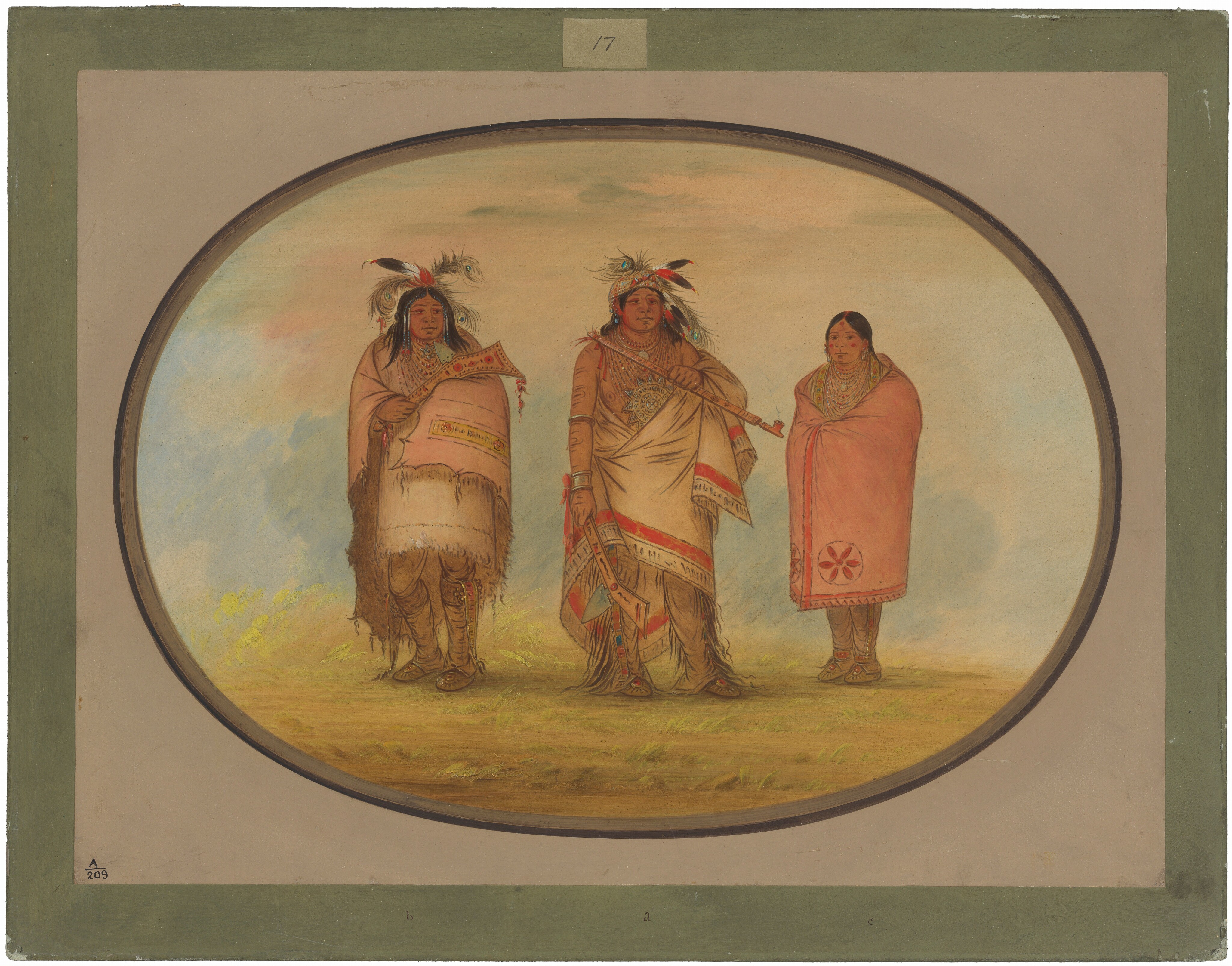 Three individuals are depicted in full-length portraits. The individual on the left wears a patterned garment with fringes and feathers on their headdress. They have long, black hair and distinct facial features. The central person wears a tunic, loincloth, and a feathered headdress. The person on the right is wrapped in a pink embroidered shawl and has long, straight black hair. The background shows a softly painted landscape with grass and a pastel sky. The scene is bordered by an oval frame within a rectangular canvas.