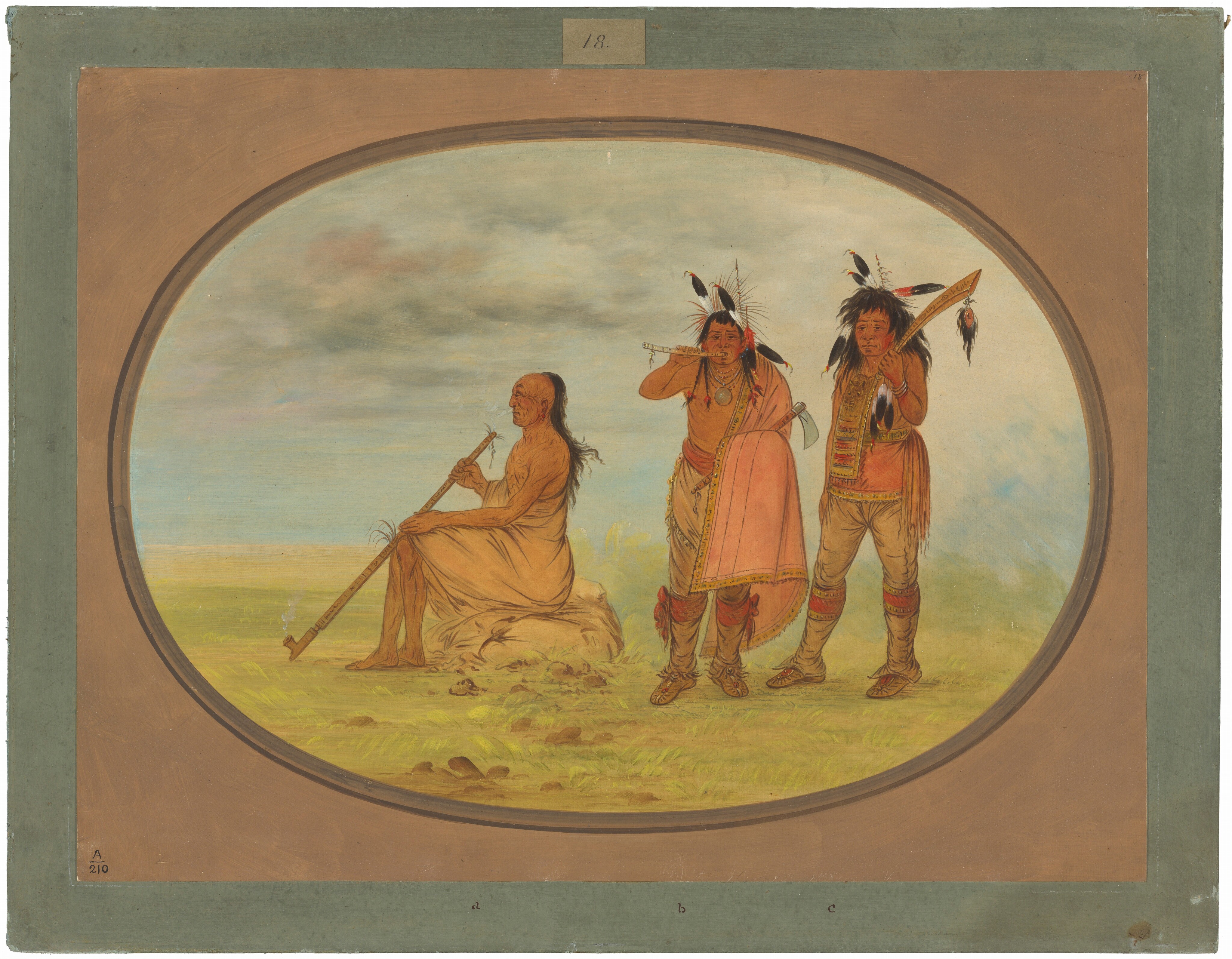 The image shows three individuals against a natural background. On the left, a man is seated on the ground, his body wrapped in a beige cloth. He has long, dark hair and a solemn expression, holding a long pipe. On the right, two standing men are shown from head to toe. Both have dark hair; one with two long braids and the other with a feathered headdress. The man with the headdress holds a shield adorned with feathers. The men wear red leggings, beadwork, fringed garments, necklaces, and jewelry. One has a draped pinkish-white cloth over his shoulder. The background features a grassland with a distant sky overhead.