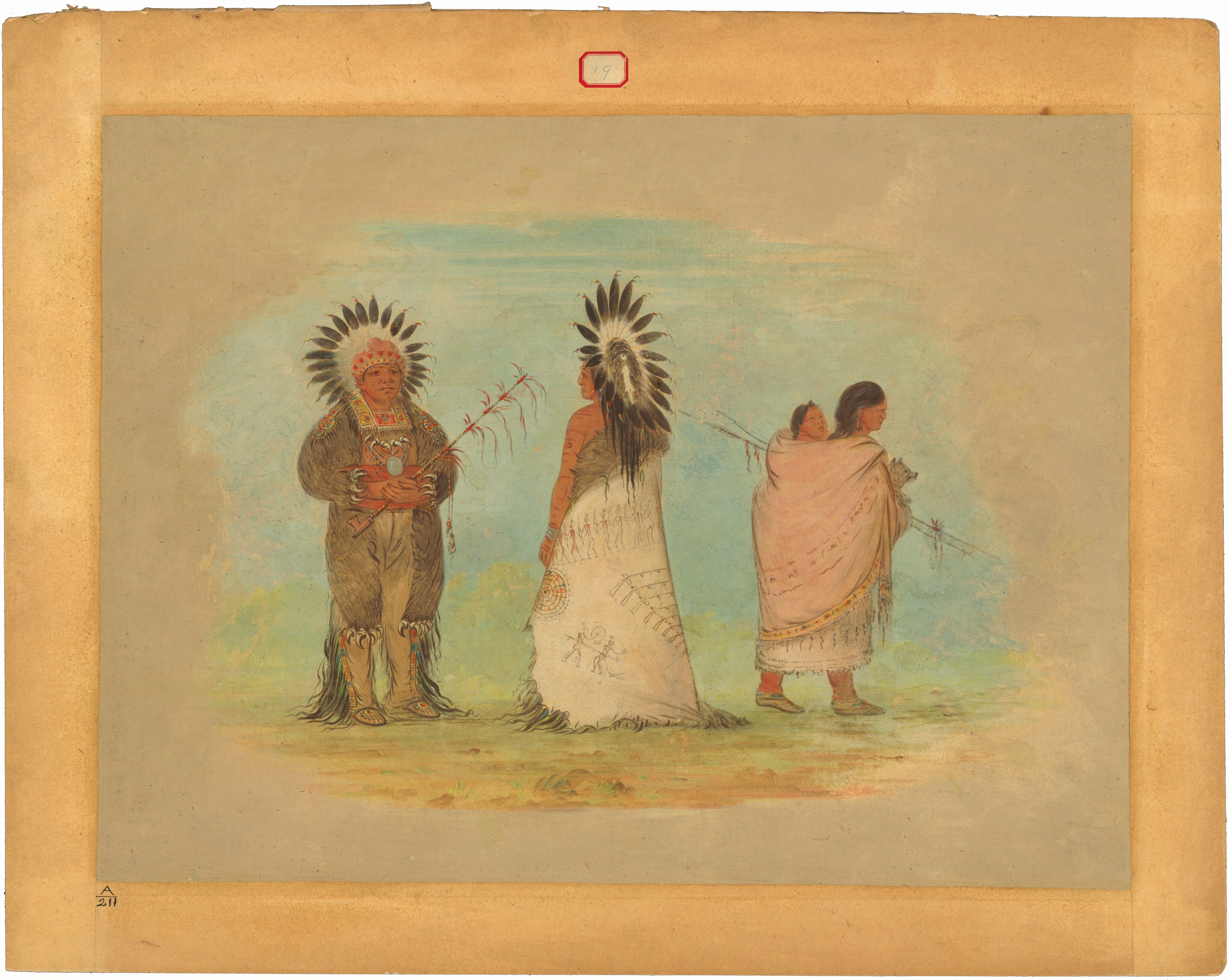 The image shows three individuals standing outdoors. The person on the left wears a headdress with feathers and a fur-like garment with beadwork. They hold a long object with tassels and feathers. To the right, another person wears a white garment with black and red designs and a feathered headdress. The third person carries a child on their back in a light pink shawl with decorative elements, holding a similar decorated long object. The background has soft, sky-like tones in blue and green.