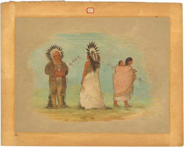 The image shows three individuals standing outdoors. The person on the left wears a headdress with feathers and a fur-like garment with beadwork. They hold a long object with tassels and feathers. To the right, another person wears a white garment with black and red designs and a feathered headdress. The third person carries a child on their back in a light pink shawl with decorative elements, holding a similar decorated long object. The background has soft, sky-like tones in blue and green.