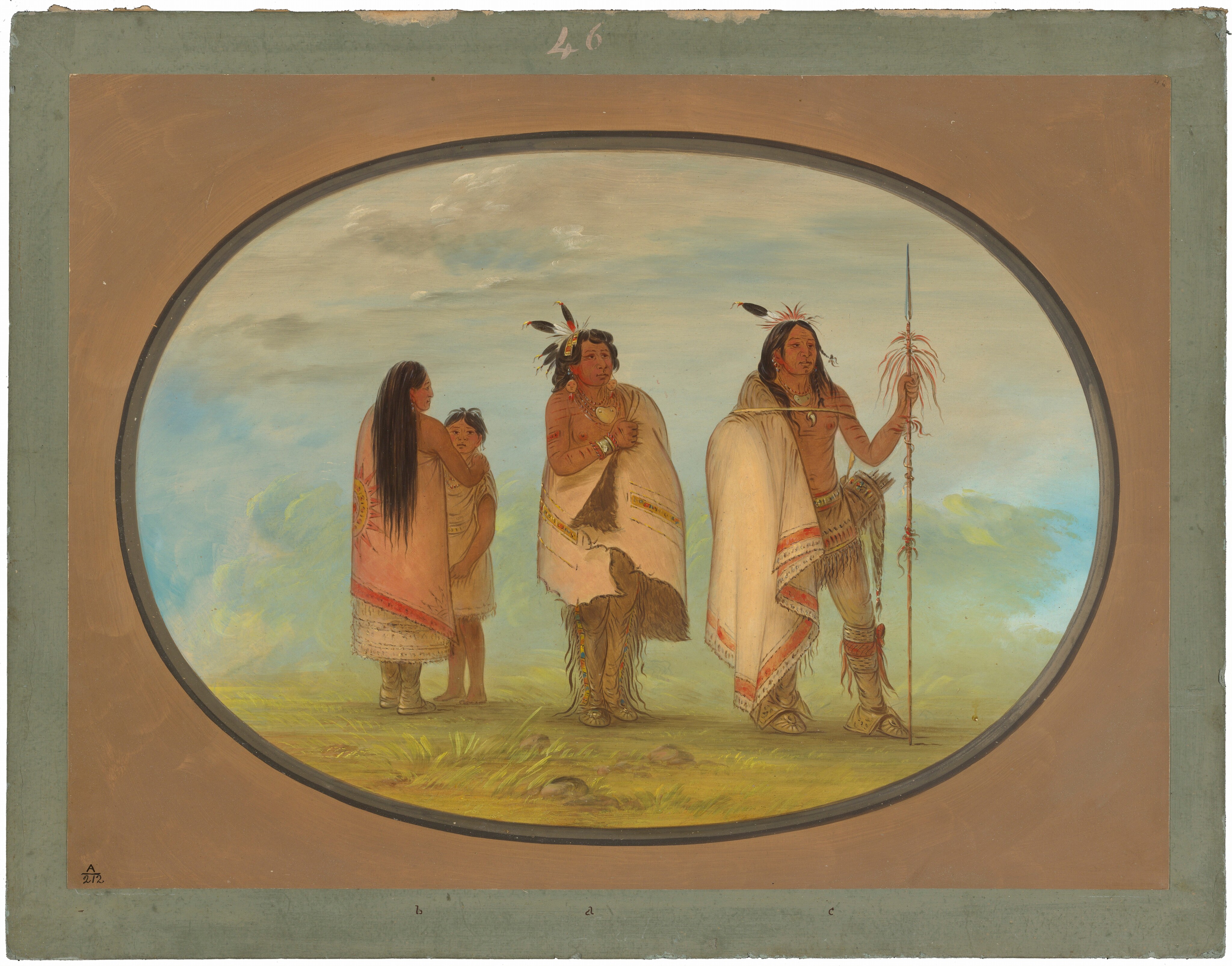 The image shows four individuals standing outdoors. On the left, a woman stands with her child. The woman is wrapped in a patterned blanket and has long, black hair. The child is dressed simply. In the center, another individual stands with long, dark hair adorned with feathers and a painted face. This person wears a necklace and an ornate wrap. The fourth person stands on the right, holding a decorated spear. This individual has long hair tied back, showing a bare upper body, and is draped in a blanket around the waist. All are set against a painted sky and grassy terrain, enclosed in an oval frame with a brown and green border.