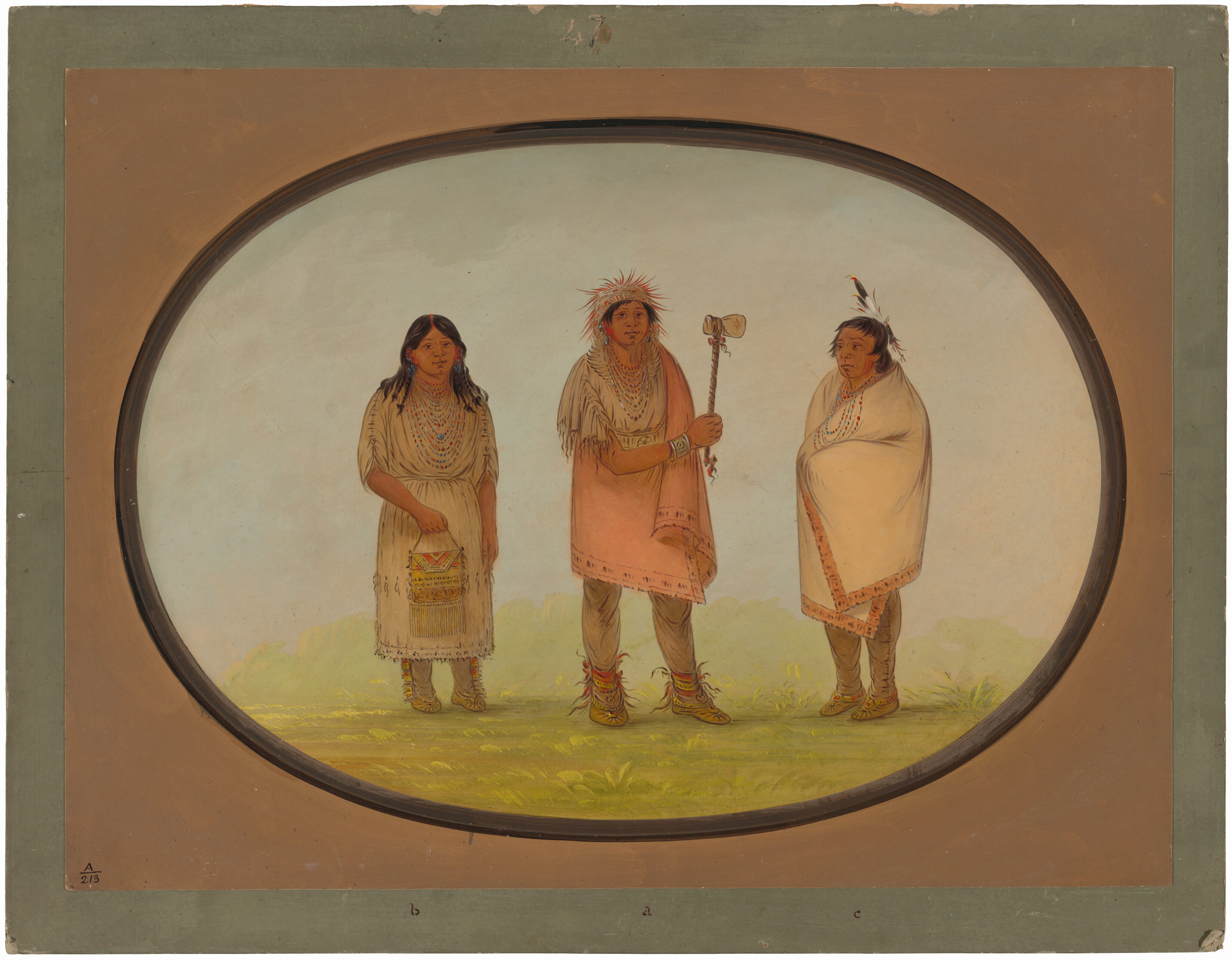 The image shows three full-body depictions of individuals standing next to each other. The central person is wearing a pink shawl with fringe detailing, beige leggings, and moccasins, and holding a ceremonial staff. The person on the left is wearing a beige dress with decorative detailing and layered necklaces, and holding a basket. The person on the right is standing with arms folded under a white blanket with red trim and has a feather in their hair. In the background, the image has a soft gradient that transitions from a light sky to the grassy ground, creating a simple and serene backdrop. There is an oval frame around the depiction.