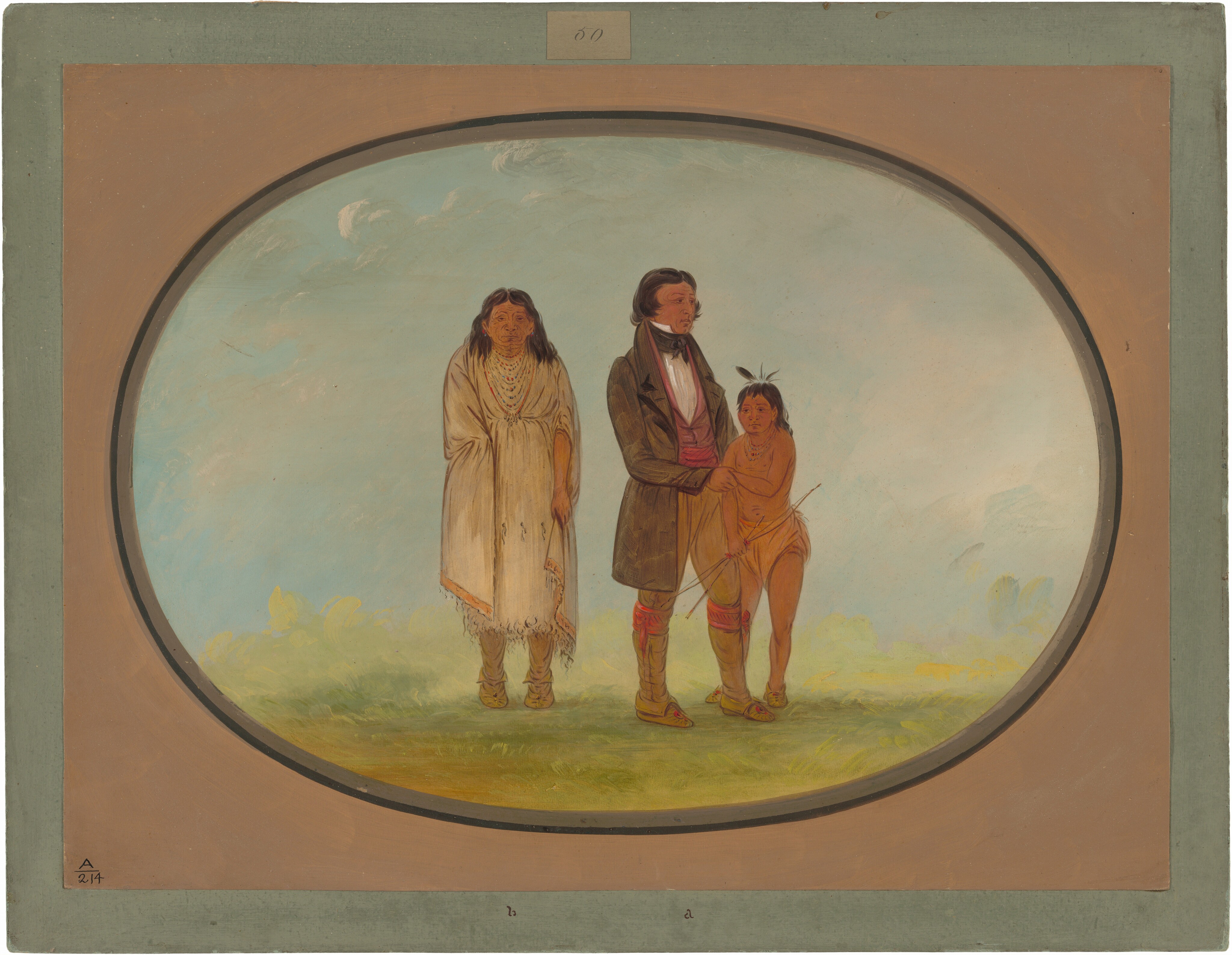 The image is a painting depicting three people standing on grass with a sky in the background. On the far left is an adult woman with long dark hair, wearing a tan dress and necklaces. In the center is an adult man in a dark coat, white shirt, and boots, holding the hand of a young boy dressed in minimal clothing with feathers in his hair and holding a bow and arrow. The scene is enclosed within an oval frame with a brown border, and the background suggests a peaceful outdoor setting.