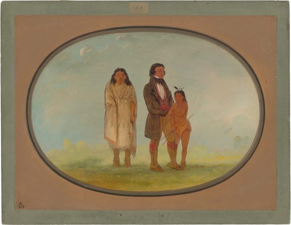 The image is a painting depicting three people standing on grass with a sky in the background. On the far left is an adult woman with long dark hair, wearing a tan dress and necklaces. In the center is an adult man in a dark coat, white shirt, and boots, holding the hand of a young boy dressed in minimal clothing with feathers in his hair and holding a bow and arrow. The scene is enclosed within an oval frame with a brown border, and the background suggests a peaceful outdoor setting.
