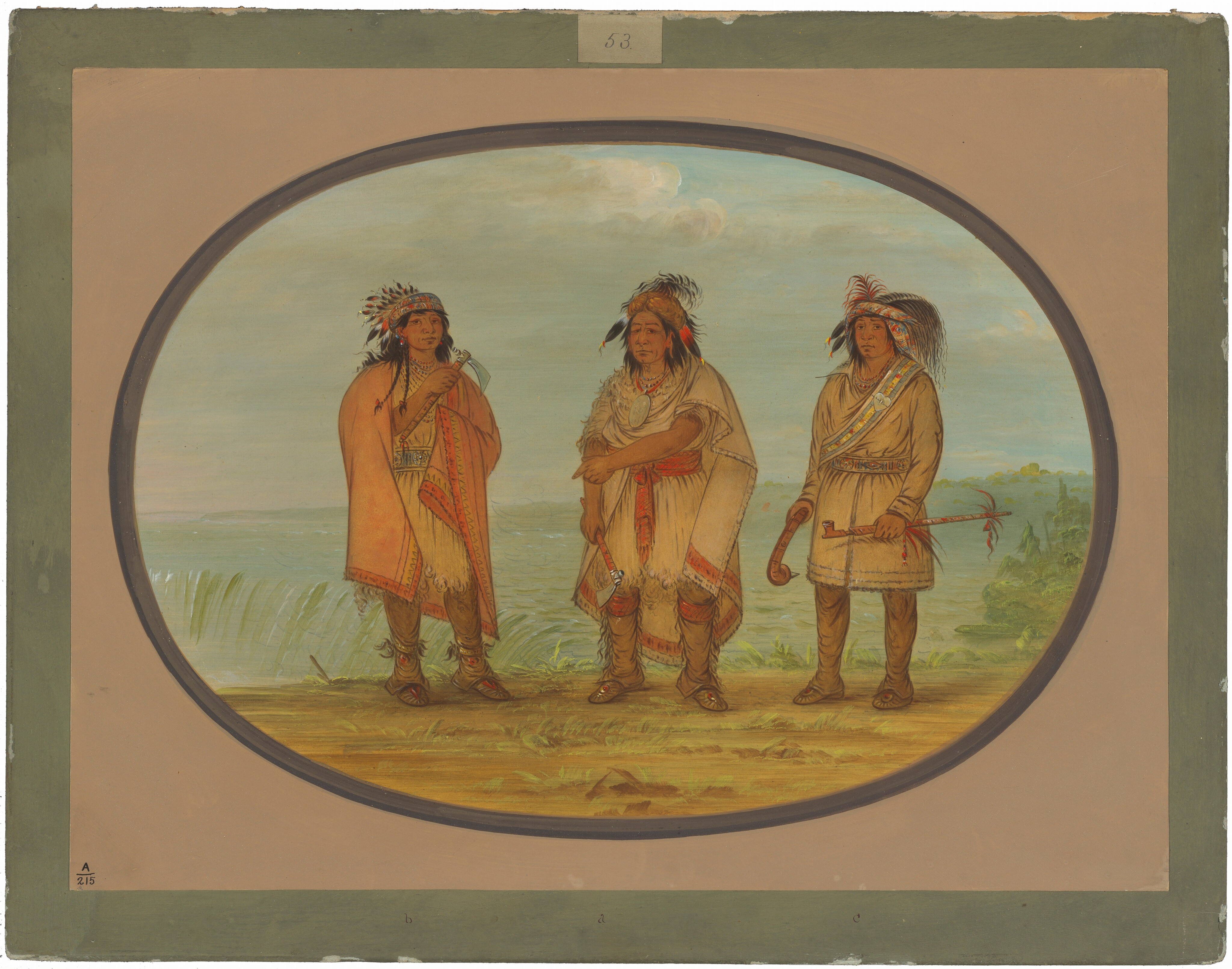 The image shows three individuals standing side by side, facing forward. The person on the left has long dark hair with feathers and beads, wearing an orange cloak. The middle figure wears a feathered headdress, a white fringed garment with red accents. The person on the right also has long hair with feather adornments, wearing a light-colored garment with patterns and a sash. They hold a curved pipe and two arrows. The background displays lush greenery, a possible waterfall or river, under a cloudy blue sky. The scene is framed in an oval border against a grey-beige outer mat.