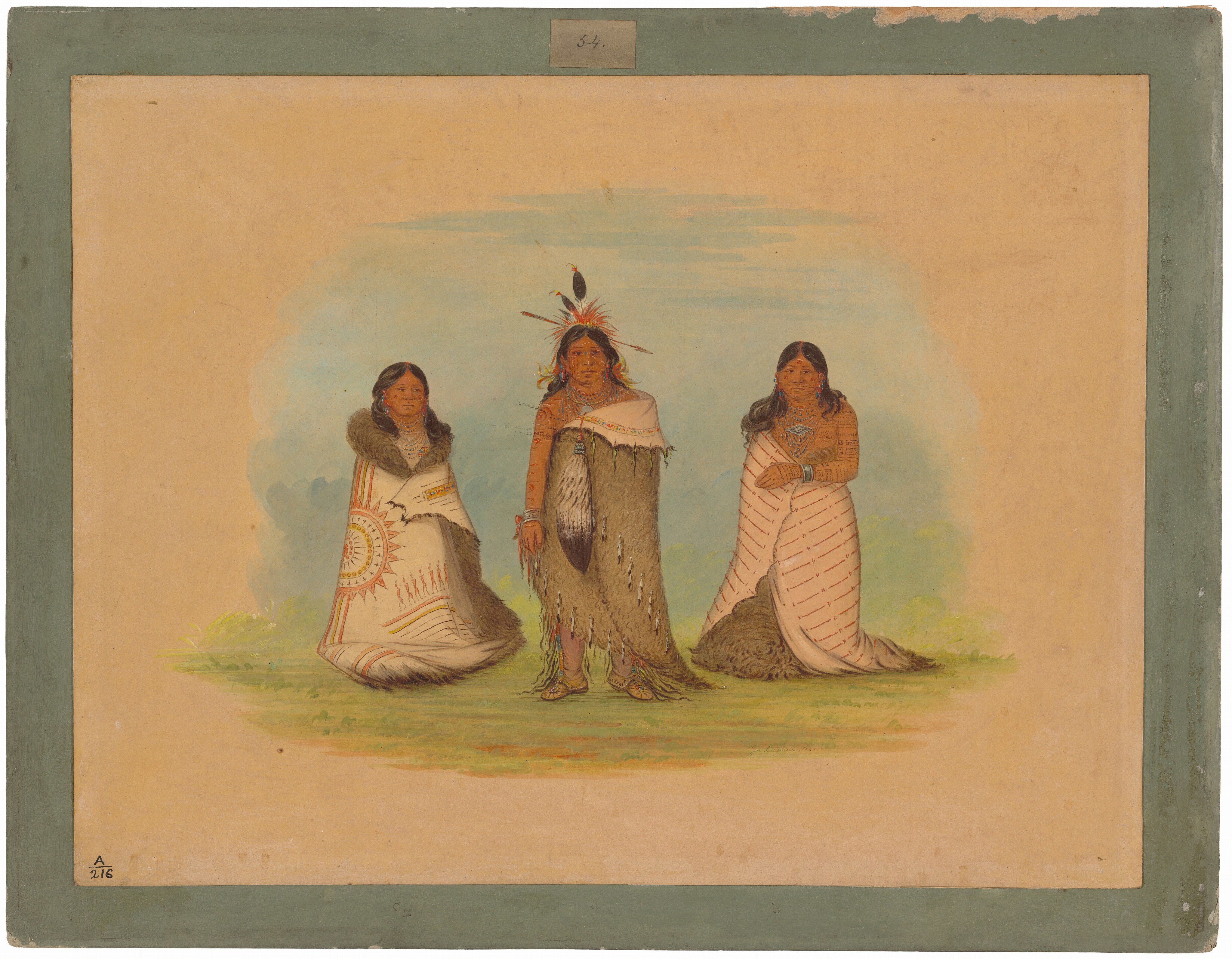 The image shows three individuals standing and sitting. The central figure stands with feathers in their long hair and wears a decorated cloak. The two seated individuals have long dark hair and wear cloaks with intricate patterns. The central figure holds a small object. The background is a simple scene with grass and a light blue sky, bordered by a green frame.