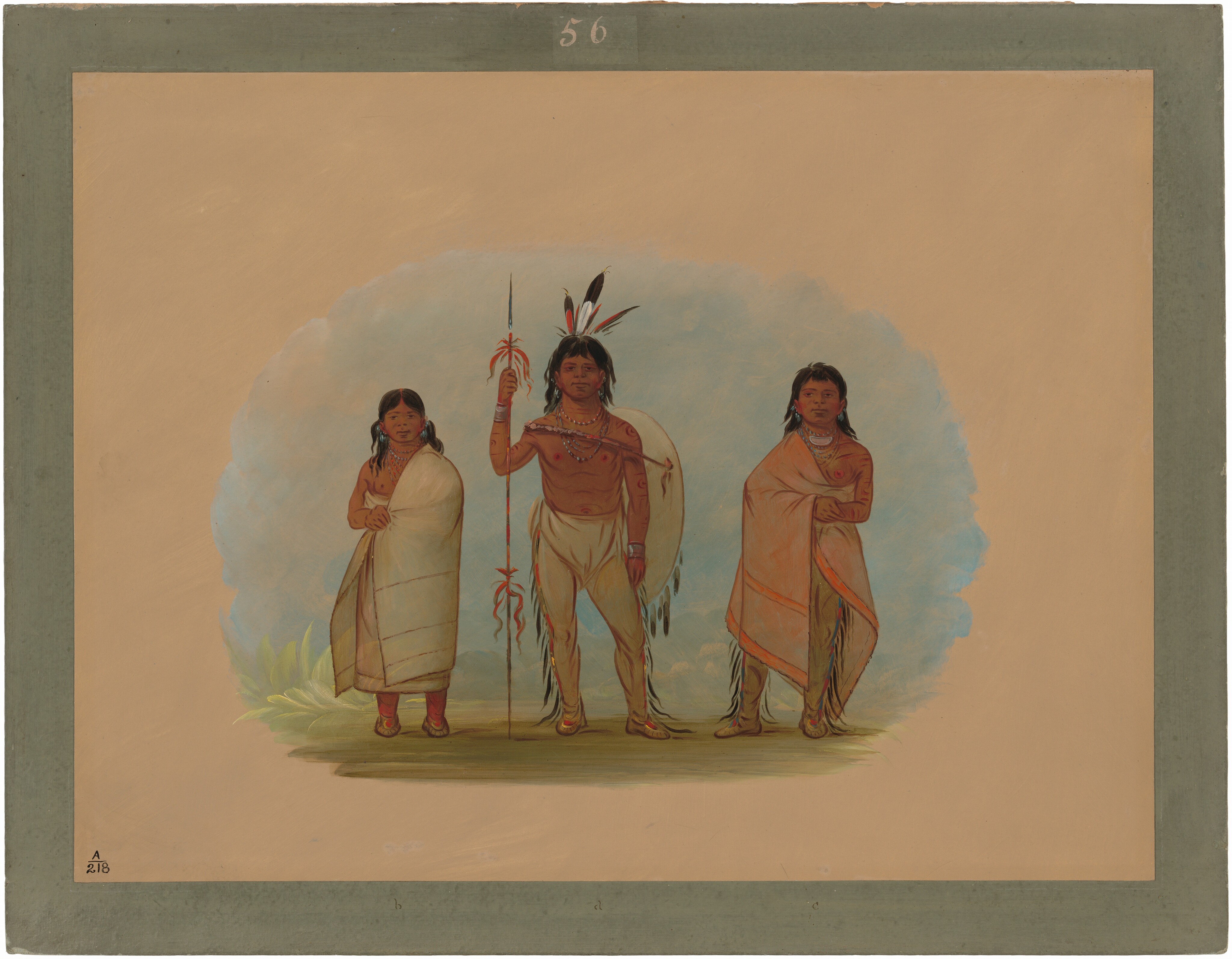 Three individuals are standing side by side. The central figure has short black hair with feathers, wears a garment around the waist, and holds a staff adorned with feathers and tassels. The person on the left has long black hair and is wrapped in a light-colored blanket-like garment. The individual on the right is also wrapped in a blanket, exposing one arm, and has long dark hair. The background includes a soft pastel sky, greenery at their feet, and is framed within a larger neutral-toned mat.