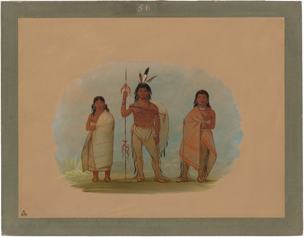 Three individuals are standing side by side. The central figure has short black hair with feathers, wears a garment around the waist, and holds a staff adorned with feathers and tassels. The person on the left has long black hair and is wrapped in a light-colored blanket-like garment. The individual on the right is also wrapped in a blanket, exposing one arm, and has long dark hair. The background includes a soft pastel sky, greenery at their feet, and is framed within a larger neutral-toned mat.