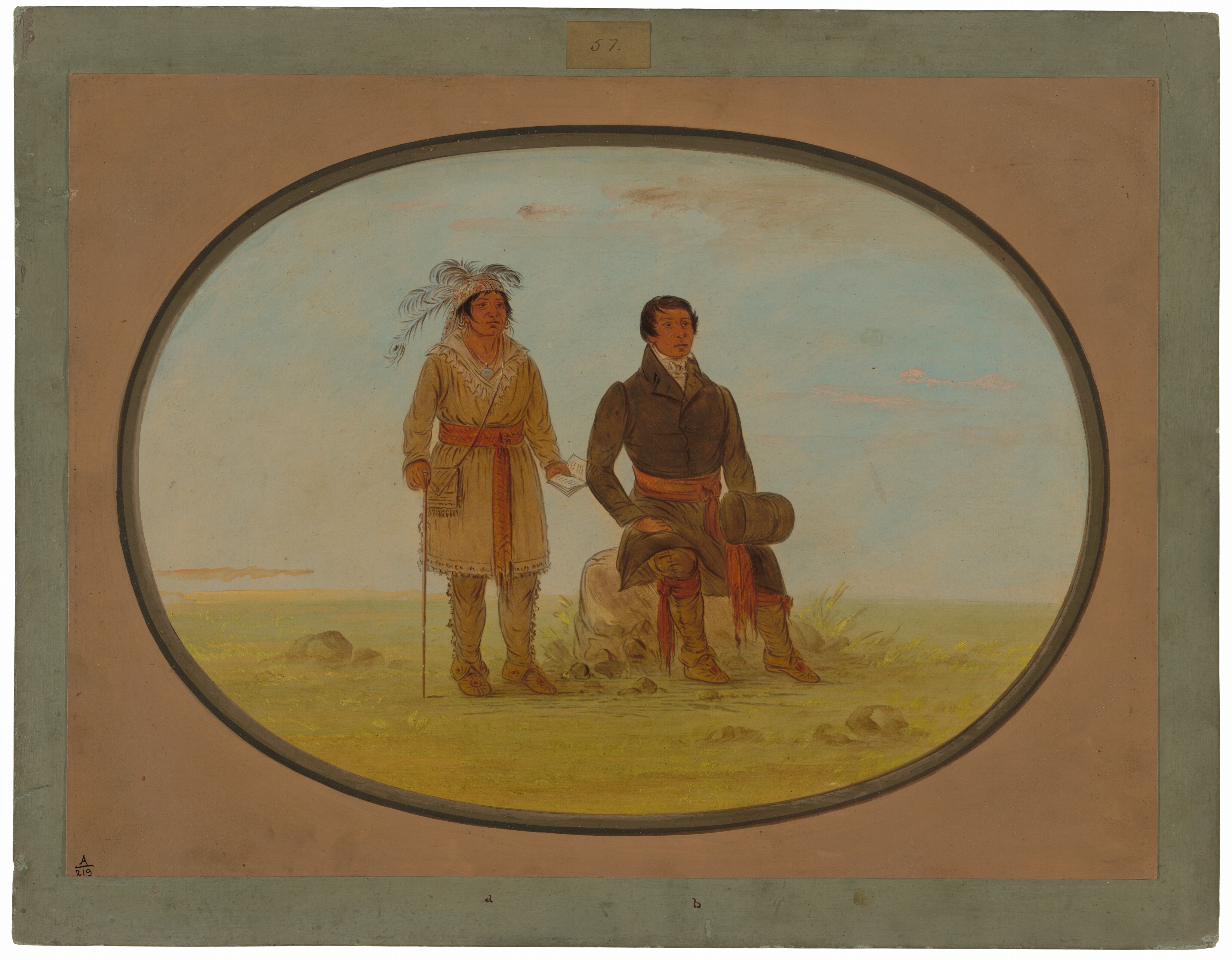 The image shows two individuals standing side by side. The person on the left is upright, holding a staff, with a stern expression, wearing a feathered headdress, a knee-length garment with a sash, and decorative trim. The individual on the right is seated on a rock, holding a folded piece of paper, with sharp eyes, short dark hair, wearing a dark suit, white shirt, red sash, and boots. The background includes an open grassy landscape with rocks and a blue sky with clouds. The scene is framed within an oval shape, bordered by a rectangle.