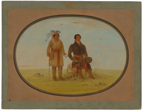 The image shows two individuals standing side by side. The person on the left is upright, holding a staff, with a stern expression, wearing a feathered headdress, a knee-length garment with a sash, and decorative trim. The individual on the right is seated on a rock, holding a folded piece of paper, with sharp eyes, short dark hair, wearing a dark suit, white shirt, red sash, and boots. The background includes an open grassy landscape with rocks and a blue sky with clouds. The scene is framed within an oval shape, bordered by a rectangle.