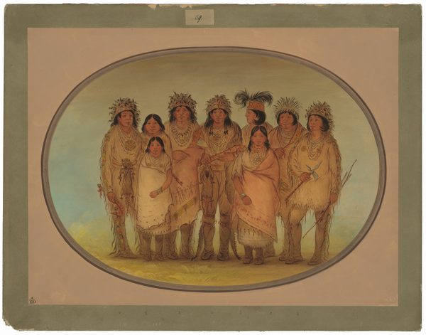 The image depicts nine individuals standing closely together. They are shown from head to toe and have a variety of facial features, hairstyles, and adornments. Some have long hair with feathers and headdresses, and wear elaborate clothing with patterns, fringes, necklaces, and beadwork. They hold items such as a feathered staff and arrows. The background is a soft, muted blend of earth tones. The image is bordered ovally.