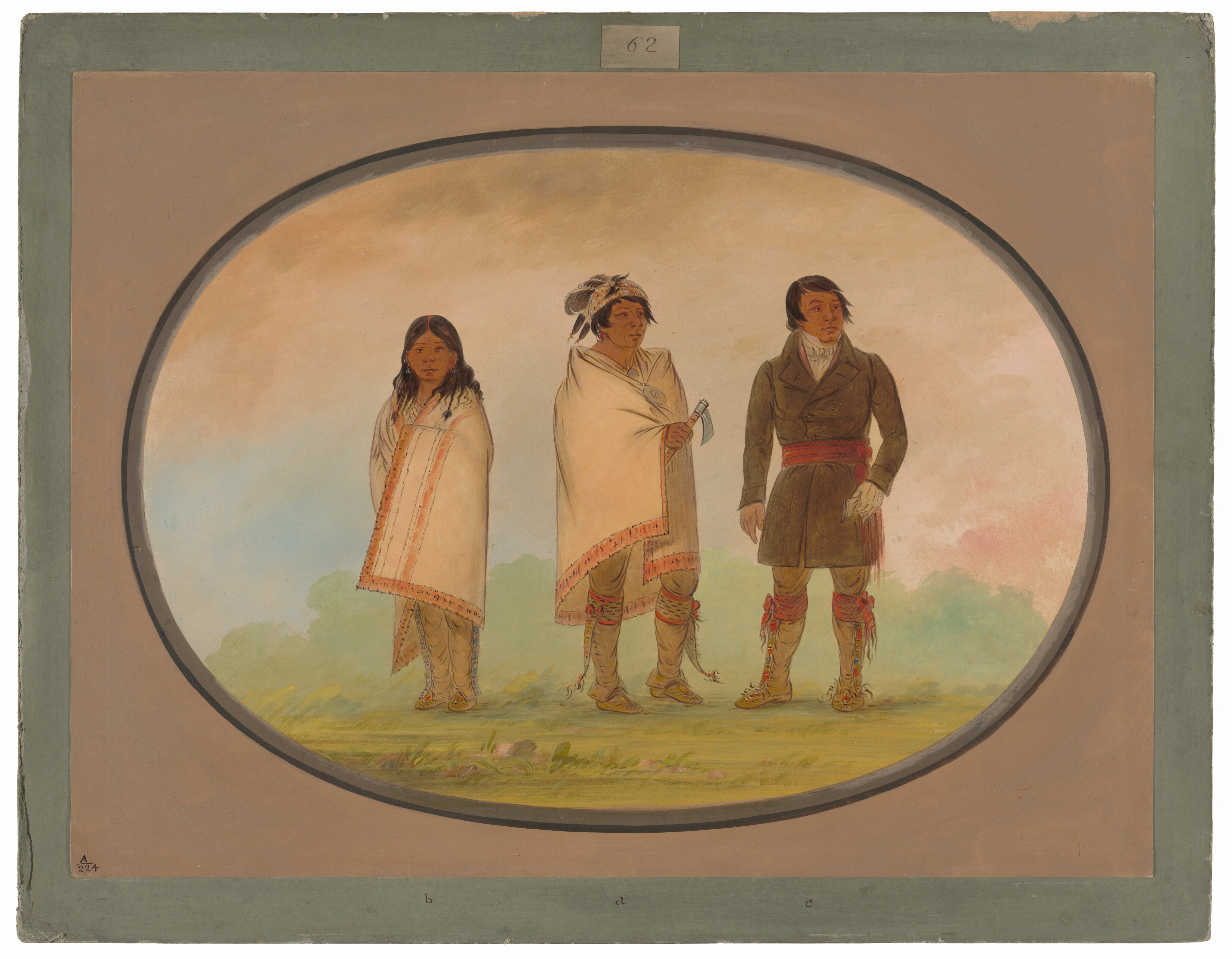 The image shows three individuals standing side by side in a landscape setting. The person on the far left is wrapped in a light-colored cloak with embroidered edges and long, dark hair. The middle person wears a light-colored cloak with embroidery, a feathered headdress, and holds a tomahawk. The individual on the right wears a dark long coat tied at the waist with a red sash, light-colored pants, and moccasin-like footwear, with short, dark, styled hair. Each individual is adorned in clothing with intricate patterns. The background is a softly rendered natural landscape with clouds in a light-colored sky and hints of greenery.