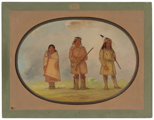 The image shows three people standing upright facing forward. The person on the left is dressed in a light-colored garment with a pattern, likely a shawl or blanket, with dark hair showing underneath. The individual in the center wears a fur-like outfit with fringes and patterns, holding a pipe. The person on the right is also dressed in fur-like attire with a pipe in hand, dark hair, and a feather ornament in their hair. They are set against a landscape background with earth tones, a blue sky with light clouds, grass, and patches of ground. The frame is in green and beige.