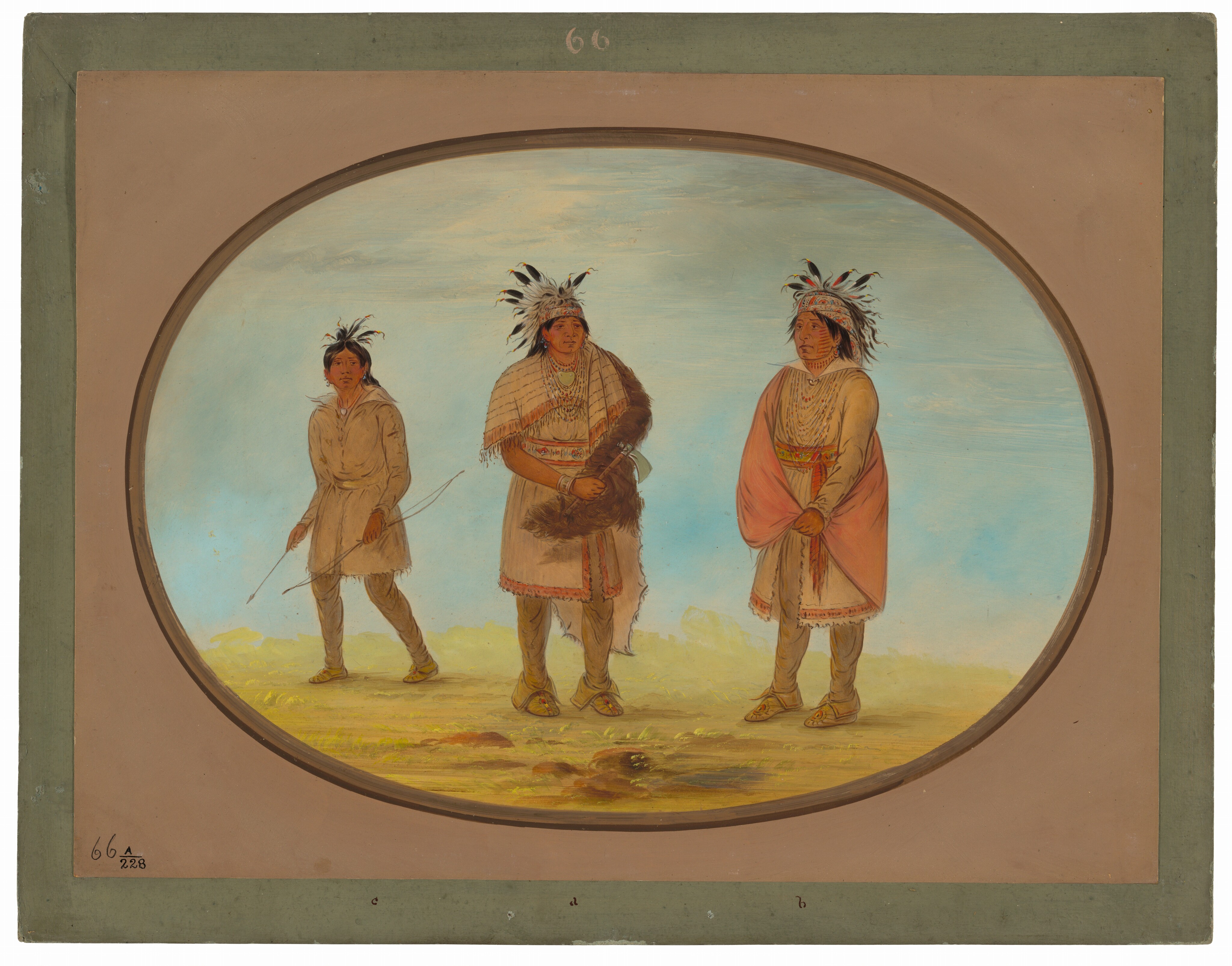 Three individuals are depicted standing in a landscape setting. Each person has distinct facial features and feathered hair. The person on the left wears a long brown tunic and holds a bow and arrow. The middle person wears a feathered headdress, a poncho, and fur on one shoulder while holding a pipe and a pouch. The person on the right wears a light tunic with a red robe draped over their shoulders and a feathered headband. The background shows a sky with light clouds and an earthen ground. The scene is inside an oval frame with a border, suggesting it is part of a larger collection or display.