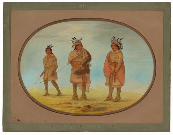 Three individuals are depicted standing in a landscape setting. Each person has distinct facial features and feathered hair. The person on the left wears a long brown tunic and holds a bow and arrow. The middle person wears a feathered headdress, a poncho, and fur on one shoulder while holding a pipe and a pouch. The person on the right wears a light tunic with a red robe draped over their shoulders and a feathered headband. The background shows a sky with light clouds and an earthen ground. The scene is inside an oval frame with a border, suggesting it is part of a larger collection or display.