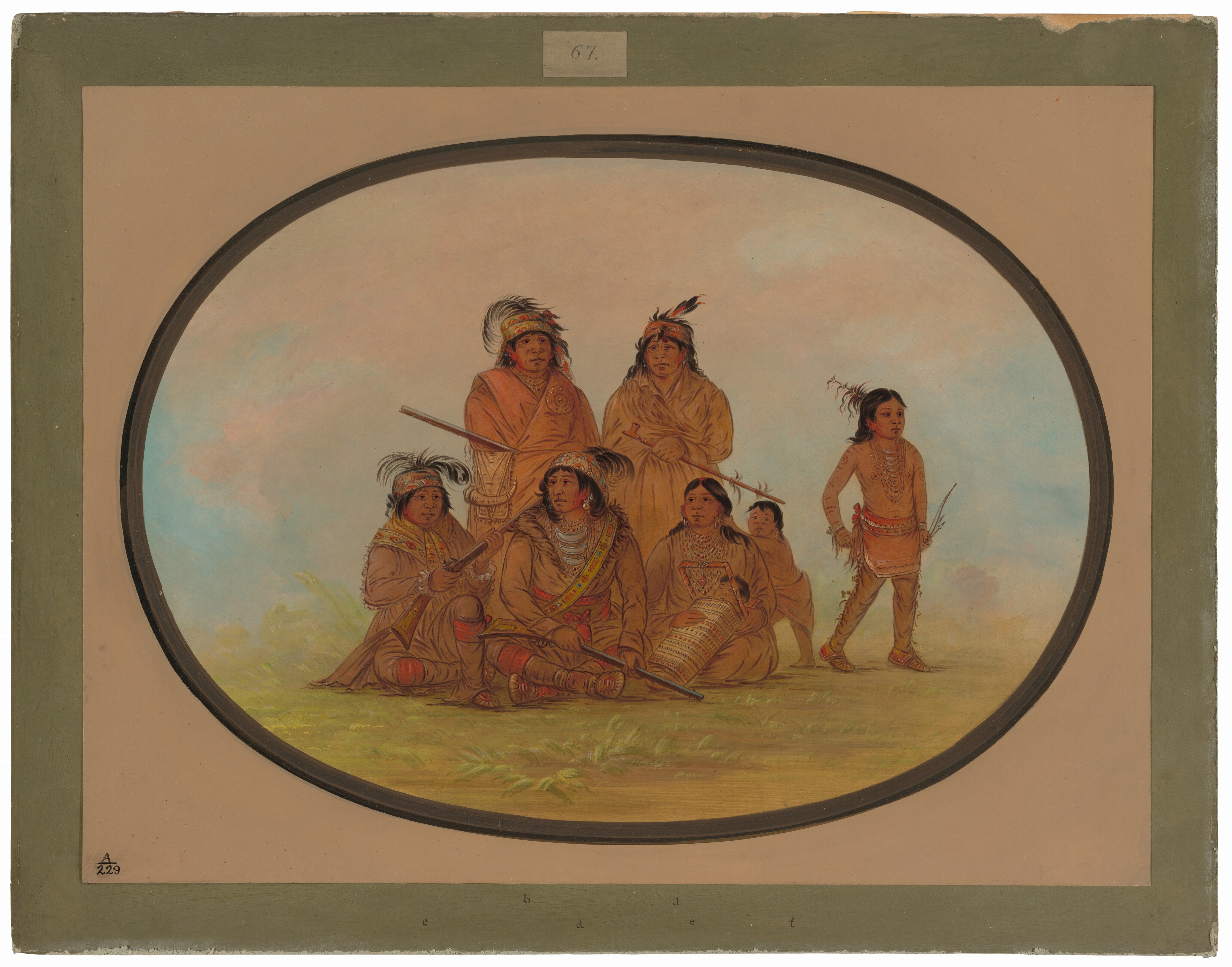 The painting depicts a group of eight people, five adults and three children, on a grassy ground. Four are seated, with the other four standing behind them. On the left appear to be four men, two sitting and two standing. Three of them hold long rifles, while one holds a long, thin pipe. They all wear colorful headbands or headdresses adorned with long feathers over their long black hair. Next to them is a seated person without a headband who may be a woman. She has an infant in her arms, laying in a large basket with a handle. Behind the woman is another child who touches the woman's dark hair. On the far right, an older child stands, facing the right, with one tall feather in their hair. The two visible children wear tunics, while the adults are wrapped in long tan garments, some of which are decorated with bright red designs. The two seated men on the left also wear bright yellow sashes with red and green designs on them. Many of the people are wearing colorful necklaces and earrings, and on their feet are tan shoes. The adults and the oldest child have red markings on their faces around their ears, and the child has circular designs adorning their arms, shoulder, and torso. All of the people have tan skin. Behind them, the sky is a pastel mix of pale pink and blue. The painting is surrounded by an oval border, beyond which is plain beige paper and a light green frame.