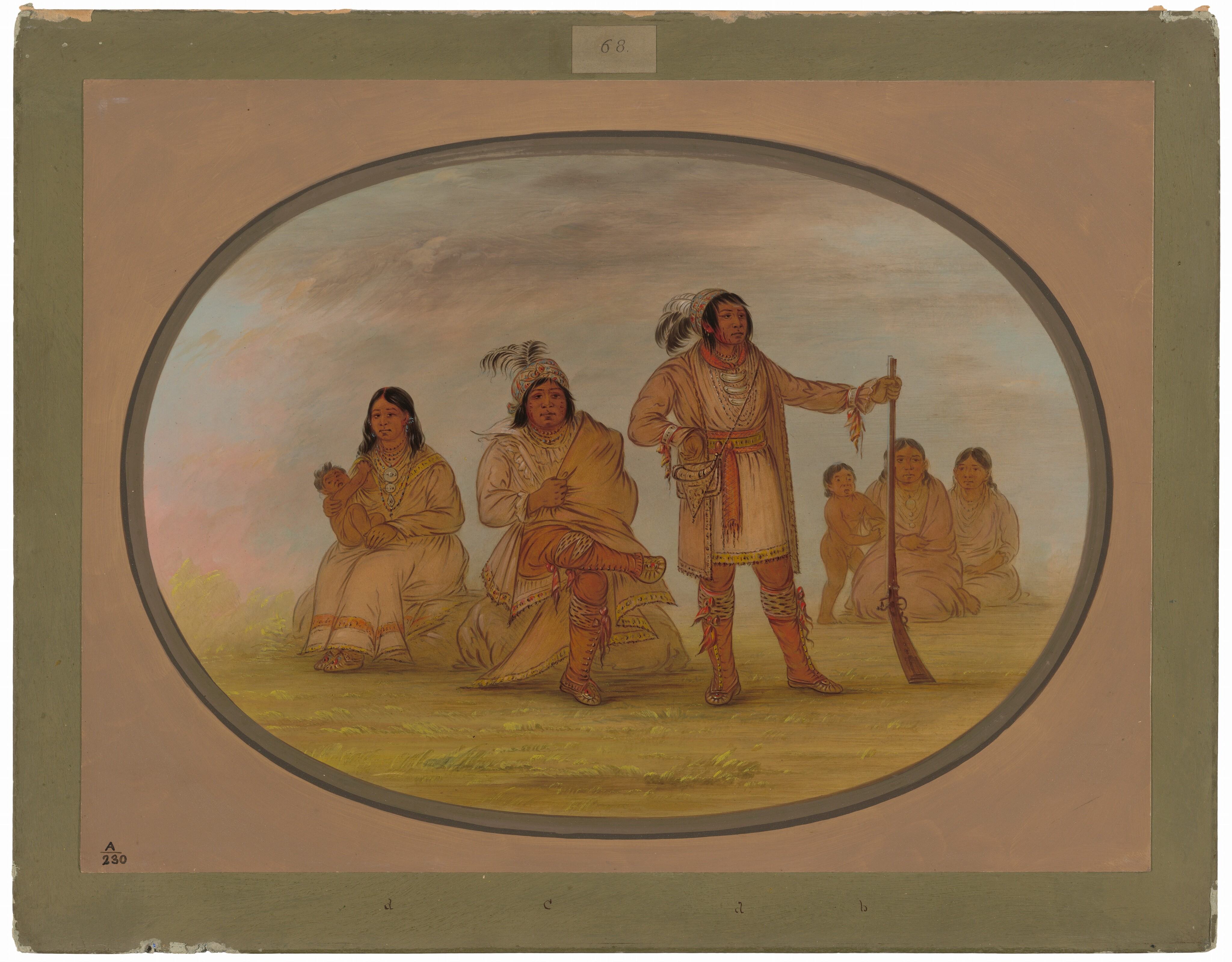 There is a group of five people in the image. In the center, a person stands holding a gun with elaborate facial paint and feathers in their hair, wearing a fringed tunic and moccasins. To their left, another individual sits in a cloak and feathered headdress. A woman on the left holds a baby, and two figures are seated on the right. The background shows a softly painted outdoor scene with a pale sky. The image is framed in an oval matte within a rectangular border.