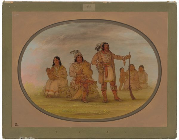 There is a group of five people in the image. In the center, a person stands holding a gun with elaborate facial paint and feathers in their hair, wearing a fringed tunic and moccasins. To their left, another individual sits in a cloak and feathered headdress. A woman on the left holds a baby, and two figures are seated on the right. The background shows a softly painted outdoor scene with a pale sky. The image is framed in an oval matte within a rectangular border.
