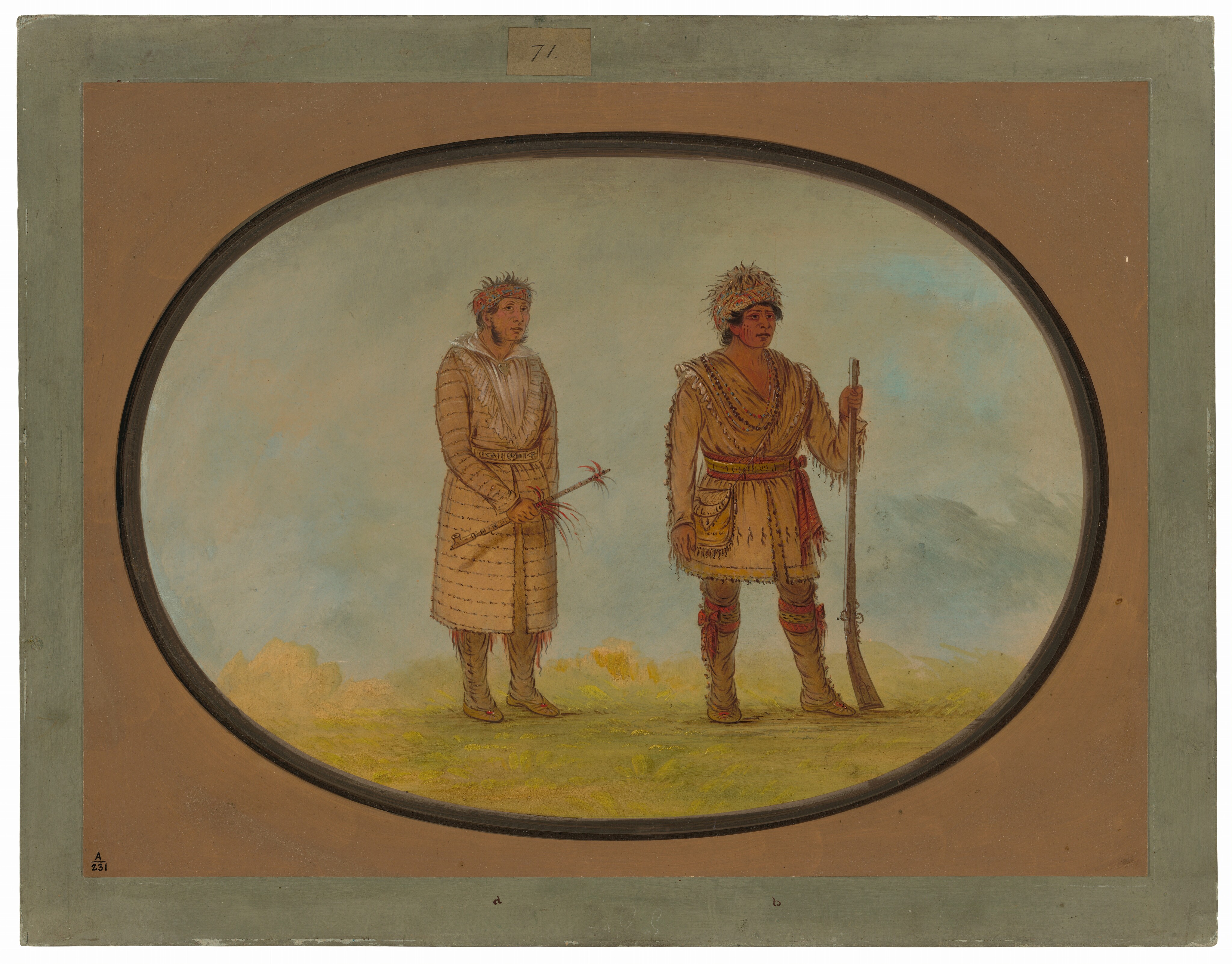 This painting shows two individuals standing side by side. The person on the left wears a long, quilted coat and pants, with short, dark hair and a feathered stuff. The individual on the right holds a long rifle, wearing fringed attire including a tunic, belt, leggings, and moccasins. Both people have light brown skin and dark hair styled with feathered headbands. The background includes flat green grass and a blue-gray sky. The painting is framed in a black oval border, beyond which is a tan border and then a pale-blue border.