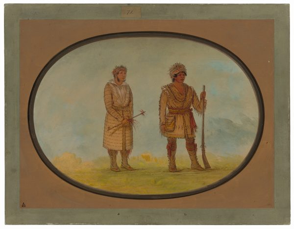 This painting shows two individuals standing side by side. The person on the left wears a long, quilted coat and pants, with short, dark hair and a feathered stuff. The individual on the right holds a long rifle, wearing fringed attire including a tunic, belt, leggings, and moccasins. Both people have light brown skin and dark hair styled with feathered headbands. The background includes flat green grass and a blue-gray sky. The painting is framed in a black oval border, beyond which is a tan border and then a pale-blue border.